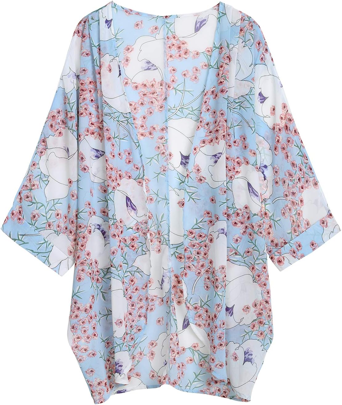 OLRAIN Women's Floral Print Sheer Chiffon Loose Kimono Cardigan Capes (Small, Light Blue)