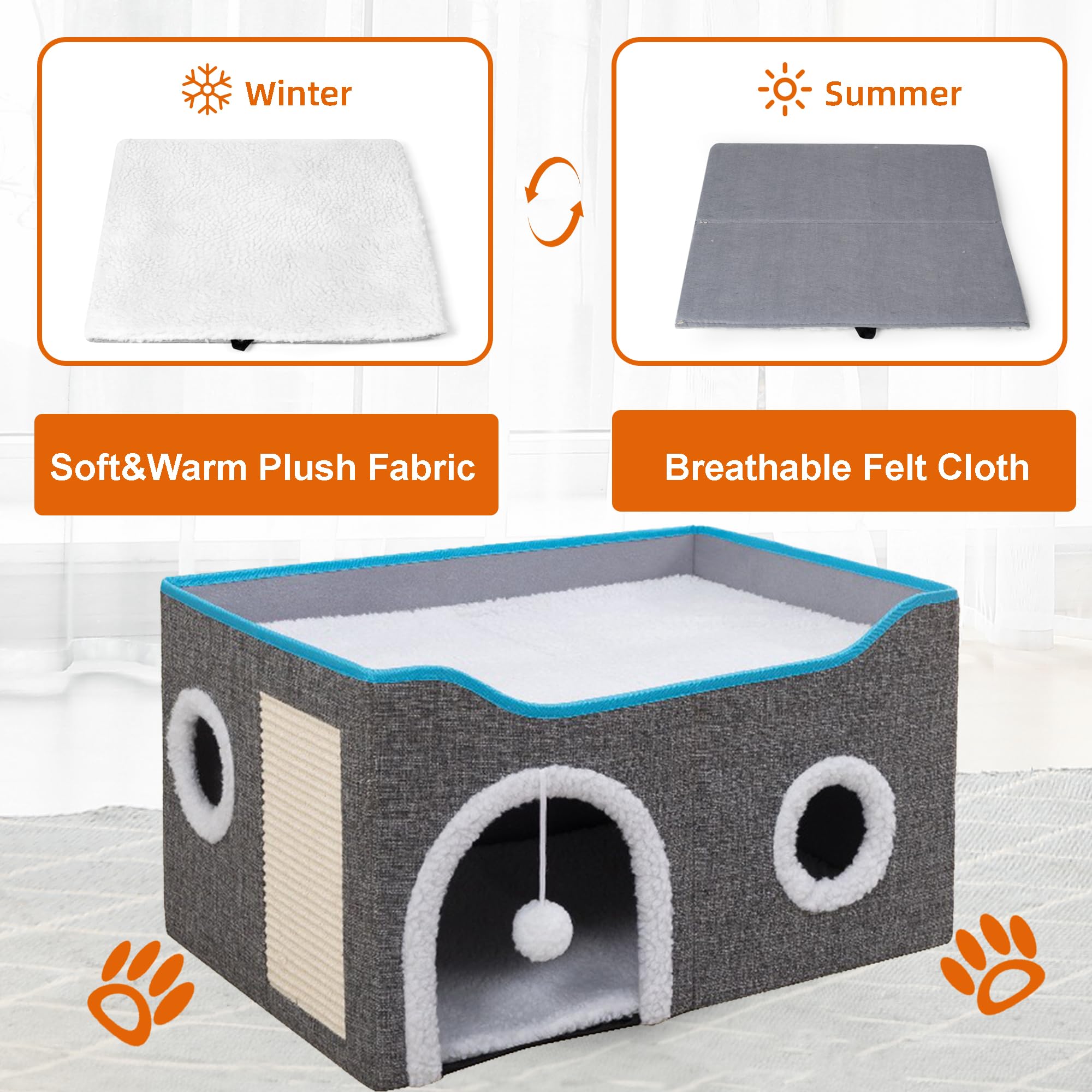 Loyareal Cat Houses for Indoor Cats - Large Cat Bed Cave with Scratch Pad and Fluffy Ball, Foldable Cat Condo Hideaway with Reversible Cushion for Multi Small Pet, Light Grey 3