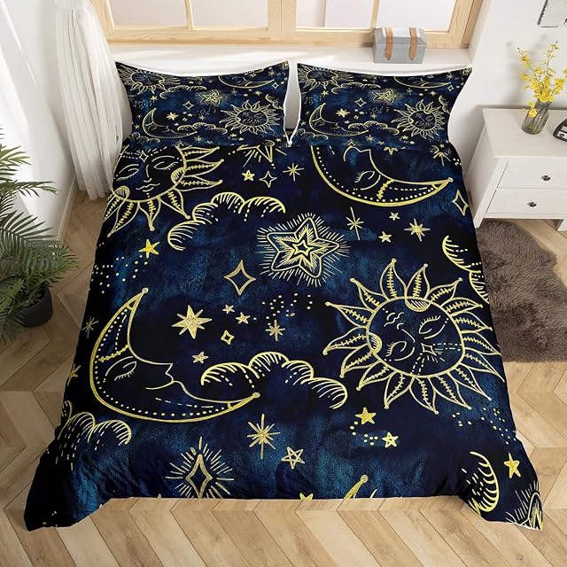 Kids Sun and Moon Duvet Cover Set Bohemian Style Bedding Set for Kids Boys Girls Psychedelic Galaxy Star Comforter Cover Cosmic Duvet Cover Double Size