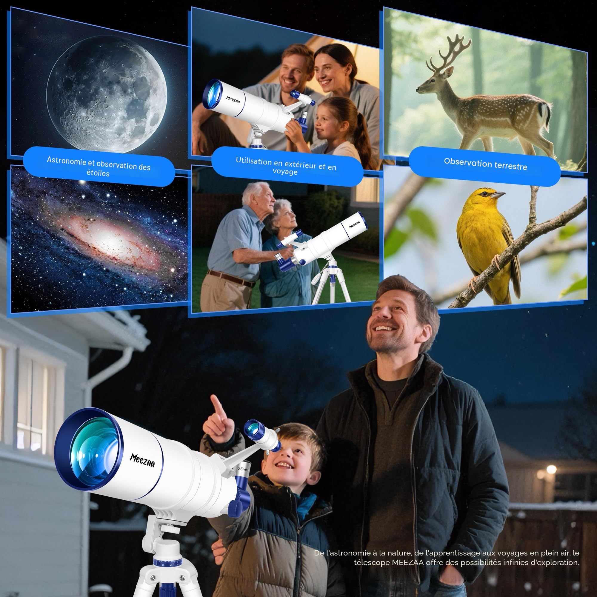 MEEZAA Télescope, Télescope Astronomie Professionnel pour Adultes, 90mm Ouverture 550mm Télescope Réfracteur Astronomique pour Enfants et Débutants, Télescope de Voyage Portable avec Trépied, Filtre