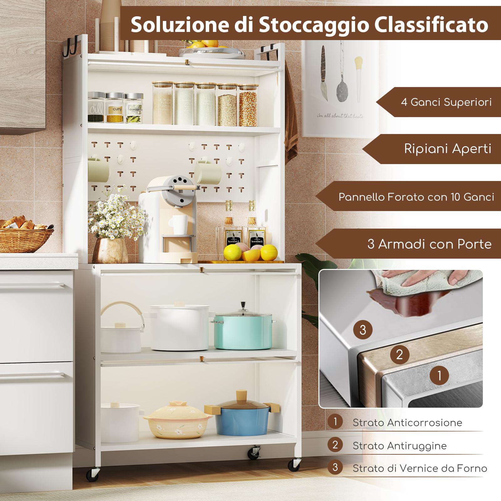RELAX4LIFE Scaffale da Cucina con 5 Ripiani, Armadio con Ruote, Porte a Battente, Ganci Superiori e Pannello con Perforazioni, Mobile Multifunzionale per Cucina, Sala da Pranzo (Bianco)