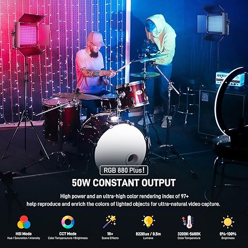 Miniatura 9 de GVM - Luz de video LED RGB con control Bluetooth, kit de iluminación de estudio de fotografía de 60 W con soportes, 2 paquetes de luz LED 880RS