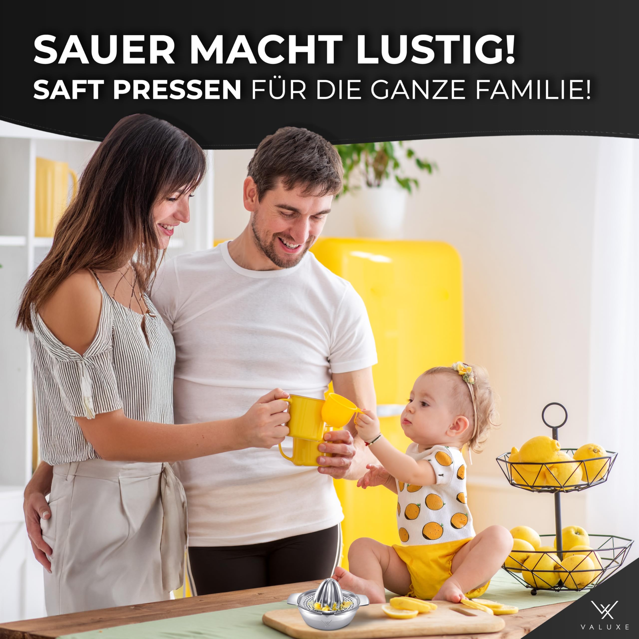 VALUXE® Premium Zitronenpresse Edelstahl - Zitruspresse für Zitronen, Limetten & Orangen mit 350ml Behälter - Manuelle Limetten-Presse, Lemon Squeezer spülmaschinengeeignet