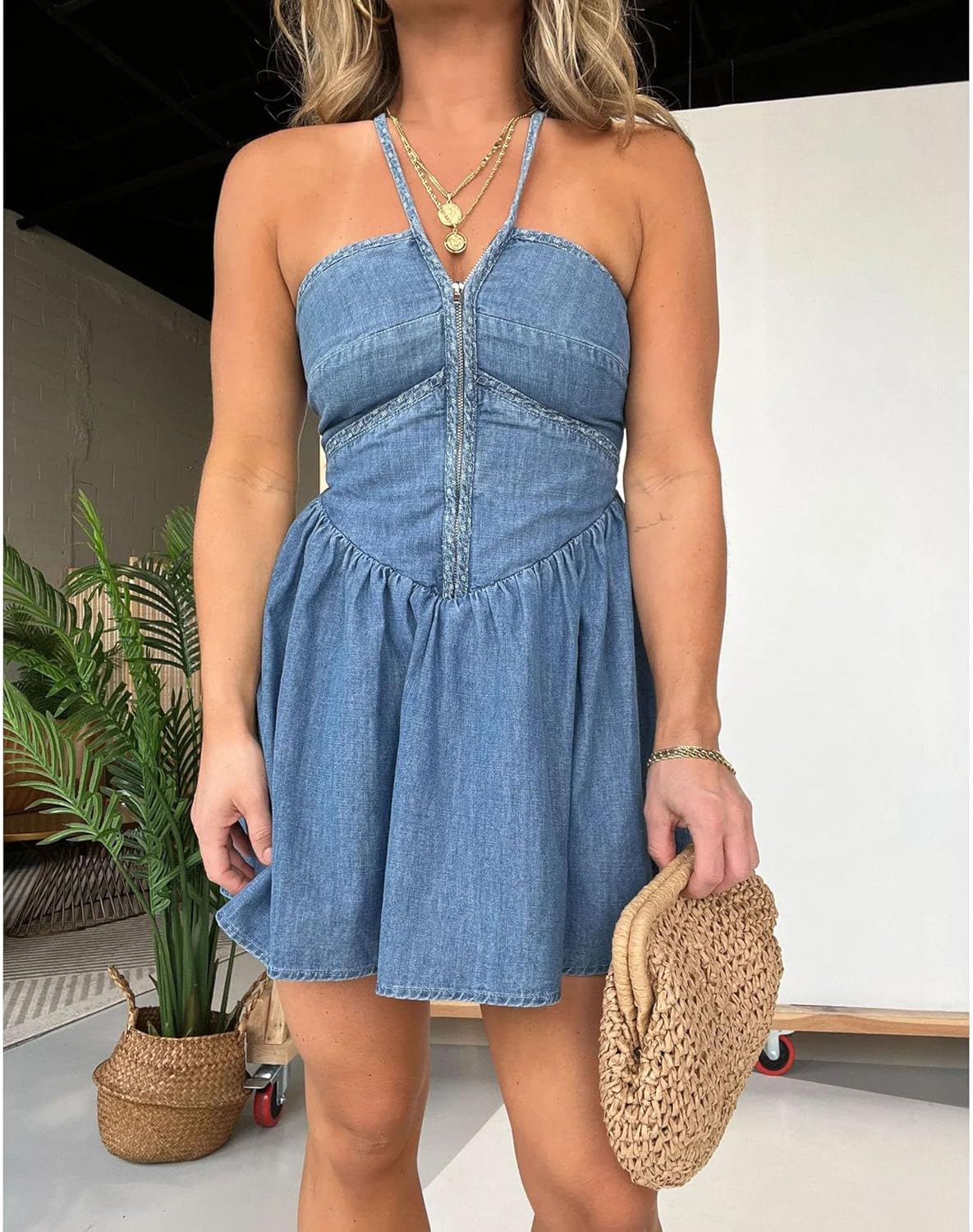 SOMTHRON Women's Denim Mini Dress Sleeveless Halter Neck Tie Back Pleated Swing Ruffle Jean Short Dress - Image 5