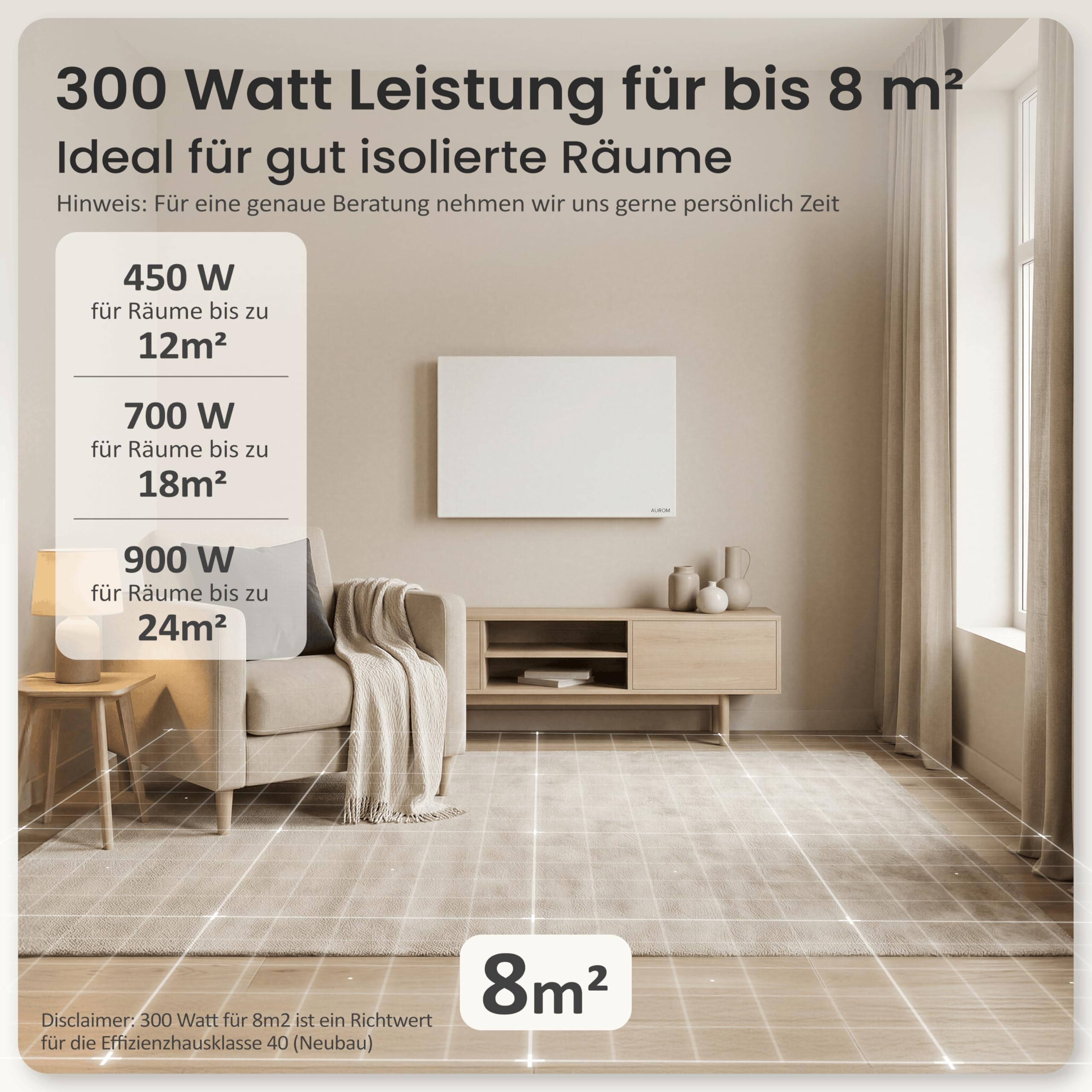 AUROM Infrarotheizung – Infrarotheizung Wandmontage & Deckenmontage – Infrarot Wandheizung aus Metall – Elektrische Heizung für Innenräume (300, Watt)