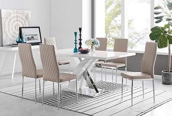 Atlanta Rectangle Chrome Metal Modern Stylish High Gloss White 6 Seater Dining Table and 6 Stylish Modern Milan Dining Chairs Set Dining Table + 6 Cappuccino Grey Milan Chairs