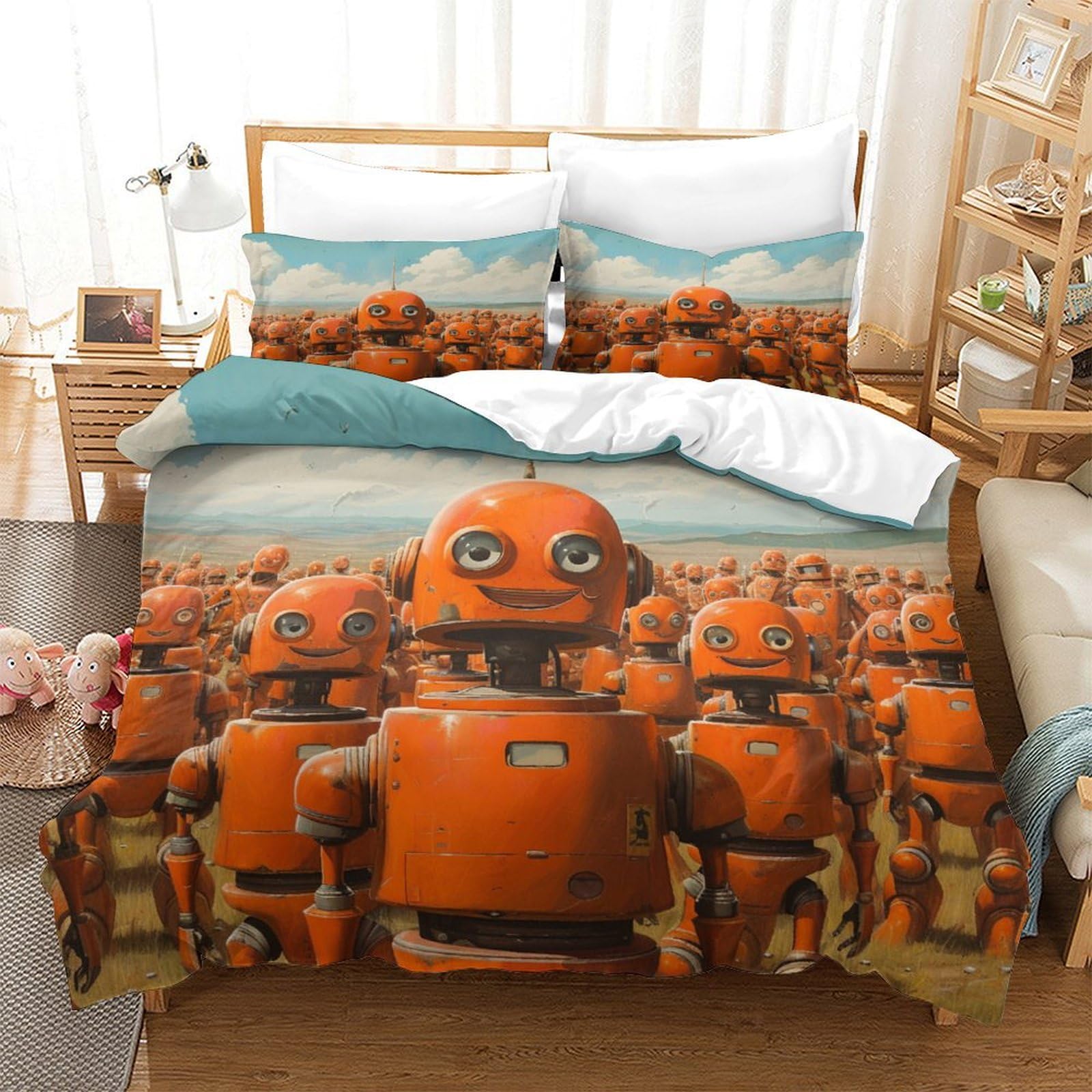 P1S9U7W5Y 3D Printed Orange Robot Duvet Cover Set 3pcs Microfiber Cartoon Robot Bedding Set Super king（260x220cm）