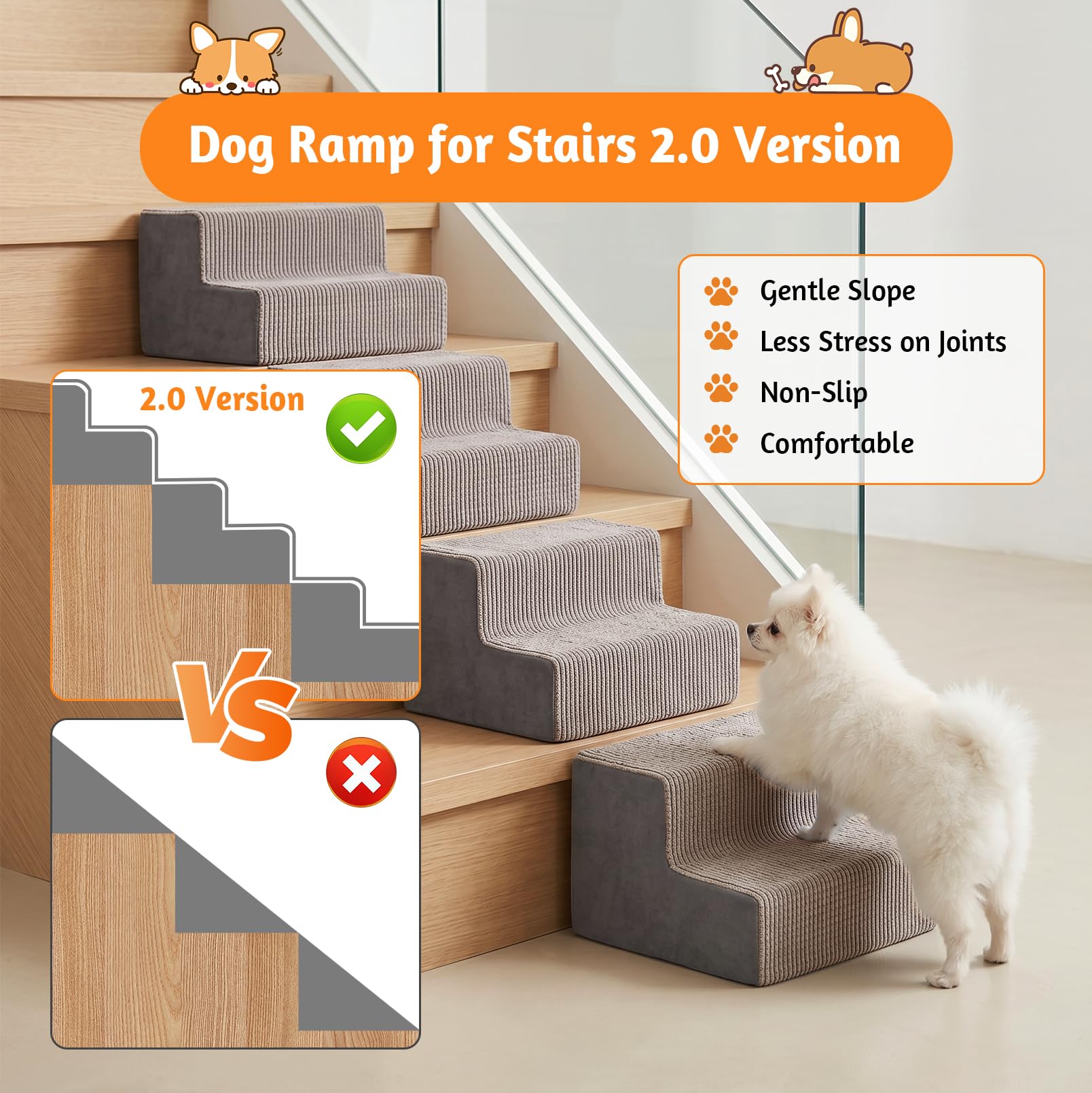 4 rampe per cani per scale | Scaletta antiscivolo per cani, riempita con spugna elastica, rampe staccabili per cani anziani di piccola taglia