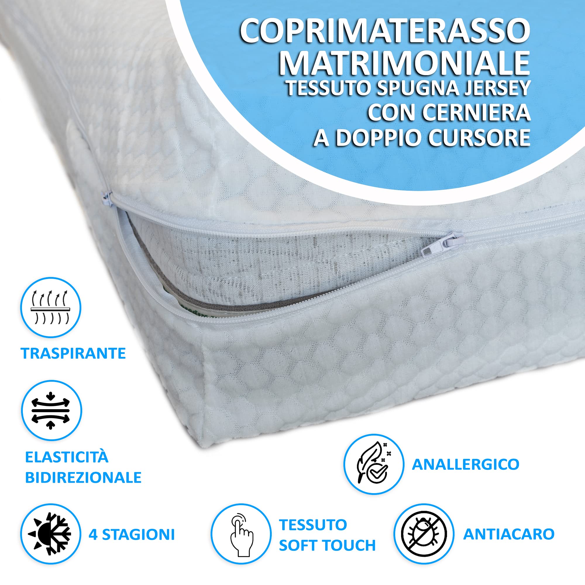 SONIT - Protège-matelas double avec fermeture éclair - Housse de matelas pour lit double 160 x 190 cm - Anti-acariens hypoallergénique et respirant