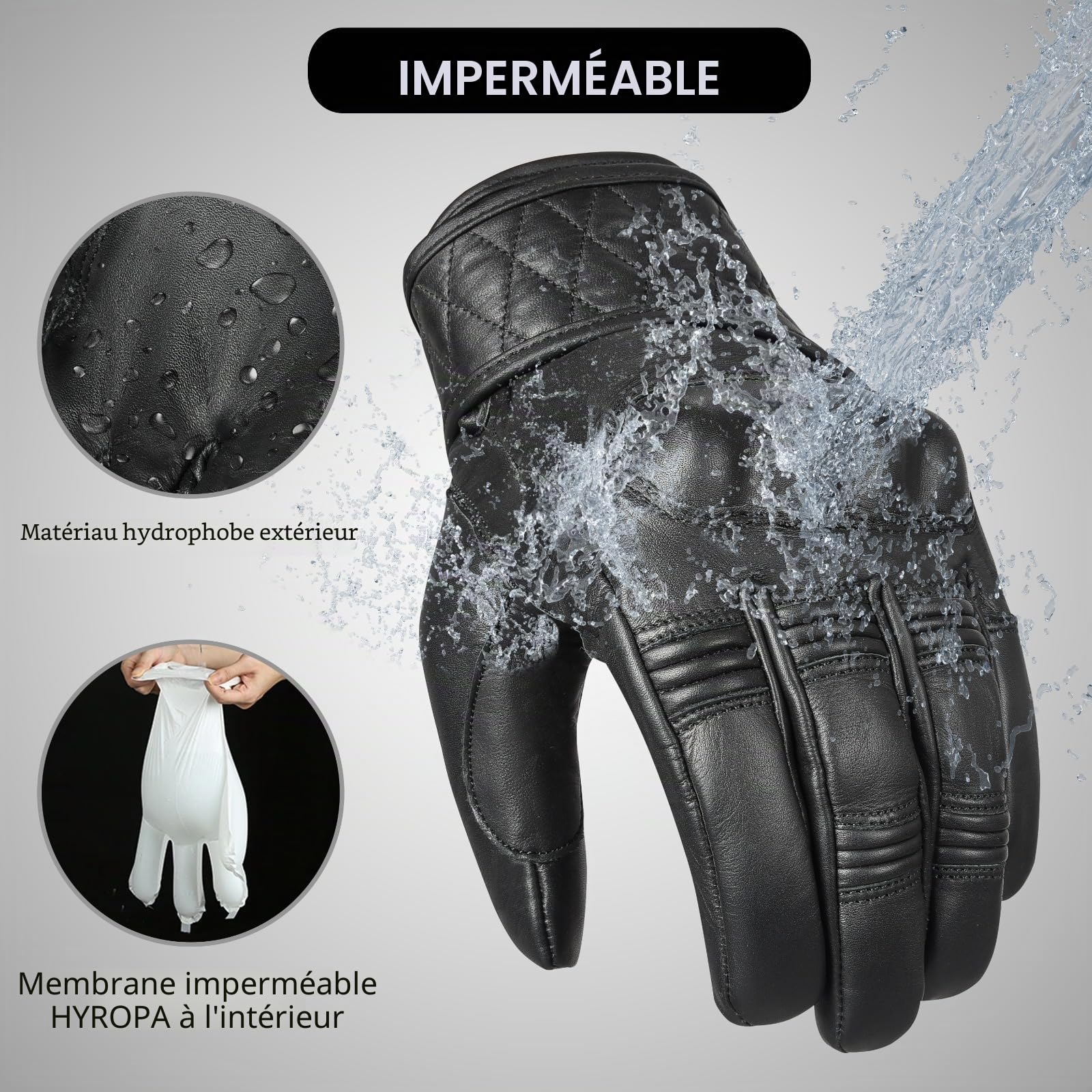 Gants de moto Hipora en cuir de qualité supérieure avec doublure thermique et résistance au vent