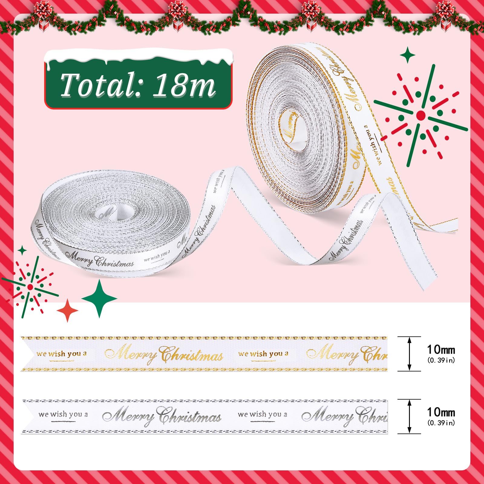 2 Roll 20 Yard Christmas Ribbon for Gift Wrapping Silver Gold Xmas Satin Ribbon 10 mm x 10 Yard Each - Image 2