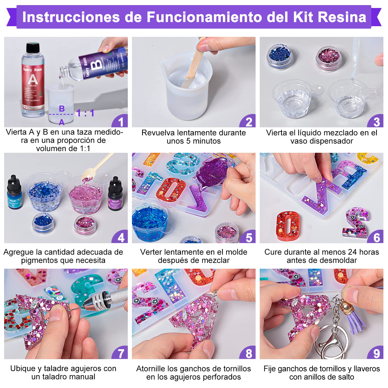 Resina Epoxi Manualidades, 186 Pcs Kit Resina Epoxi con Letras Moldes de Silicona, Pigmento, Lentejuelas, Kit para Hacer Letras de Resina, Hacer Llavero