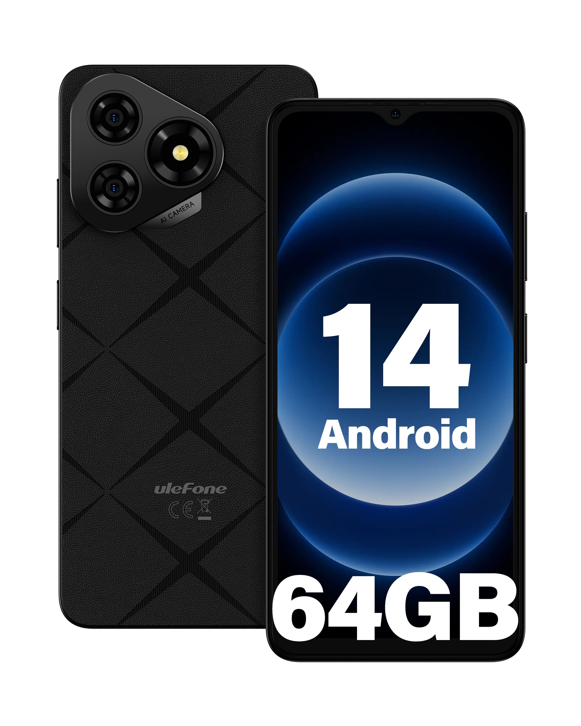 Ulefone Note 19 Cellulare, 6GB RAM+64GB ROM/SD-512GB Android 14 Cellulari, 6.56" HD+, Fotocamera 8MP+5MP Smartphone 5000mAh Batteria, Octa Core 3 Slot Per Carte 4G Dual SIM/Face ID/GPS/OTG/FM Nero
