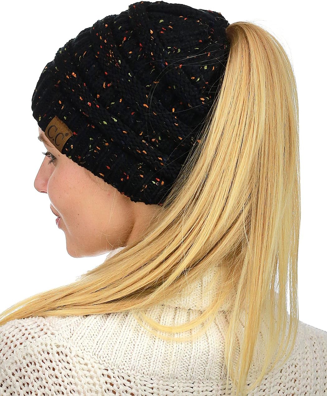 C.C BeanieTail Soft Stretch Cable Knit Messy High Bun Ponytail Beanie Hat, Confetti Black - Image 5