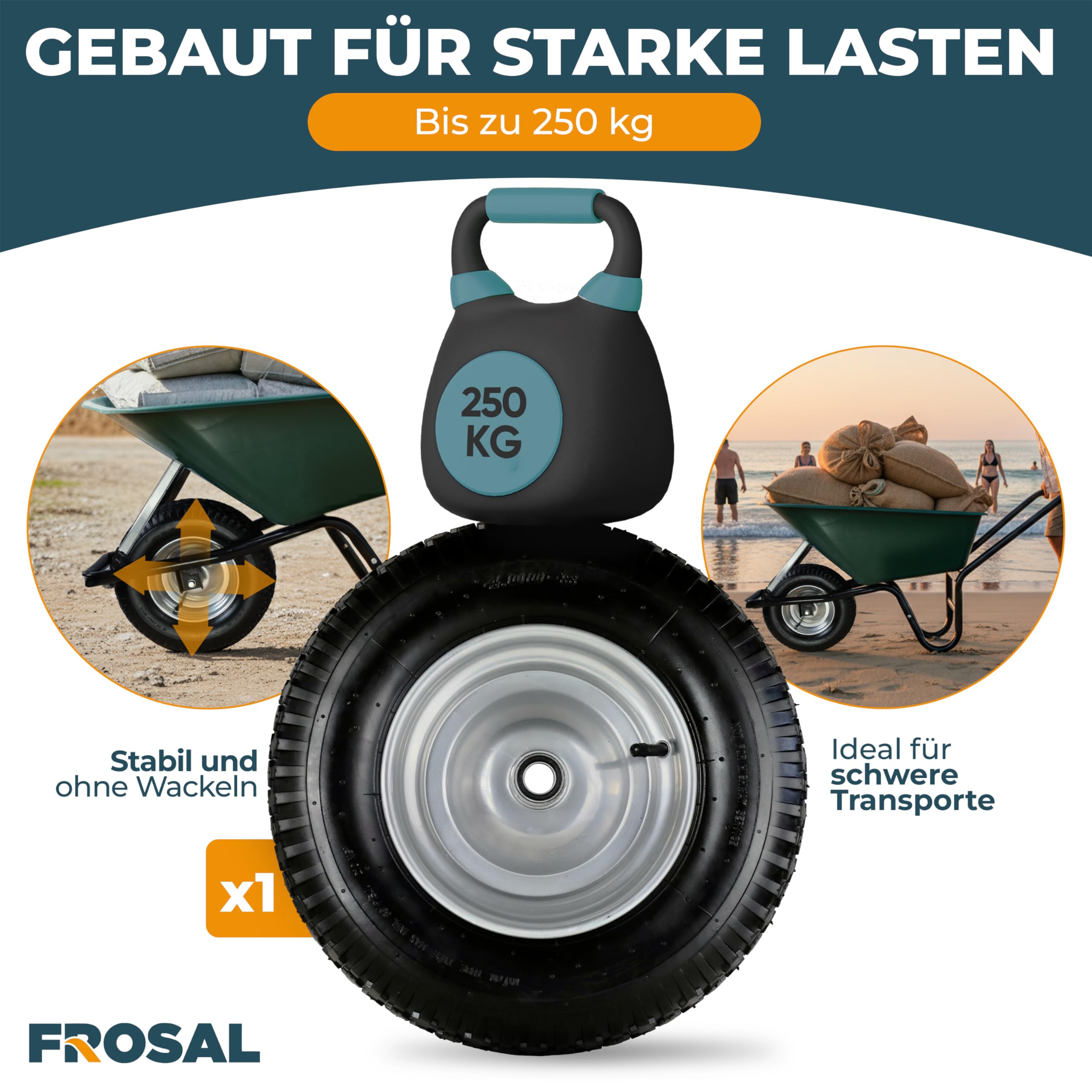 FROSAL Schubkarrenrad 400 mm mit Schlauch inkl. Achse – Ersatzrad 4.80/4.00-8 mit 20 mm Achse – Ø ca. 380–400 mm, Breite ca. 100 mm – Stahlfelge silber mit Kugellager