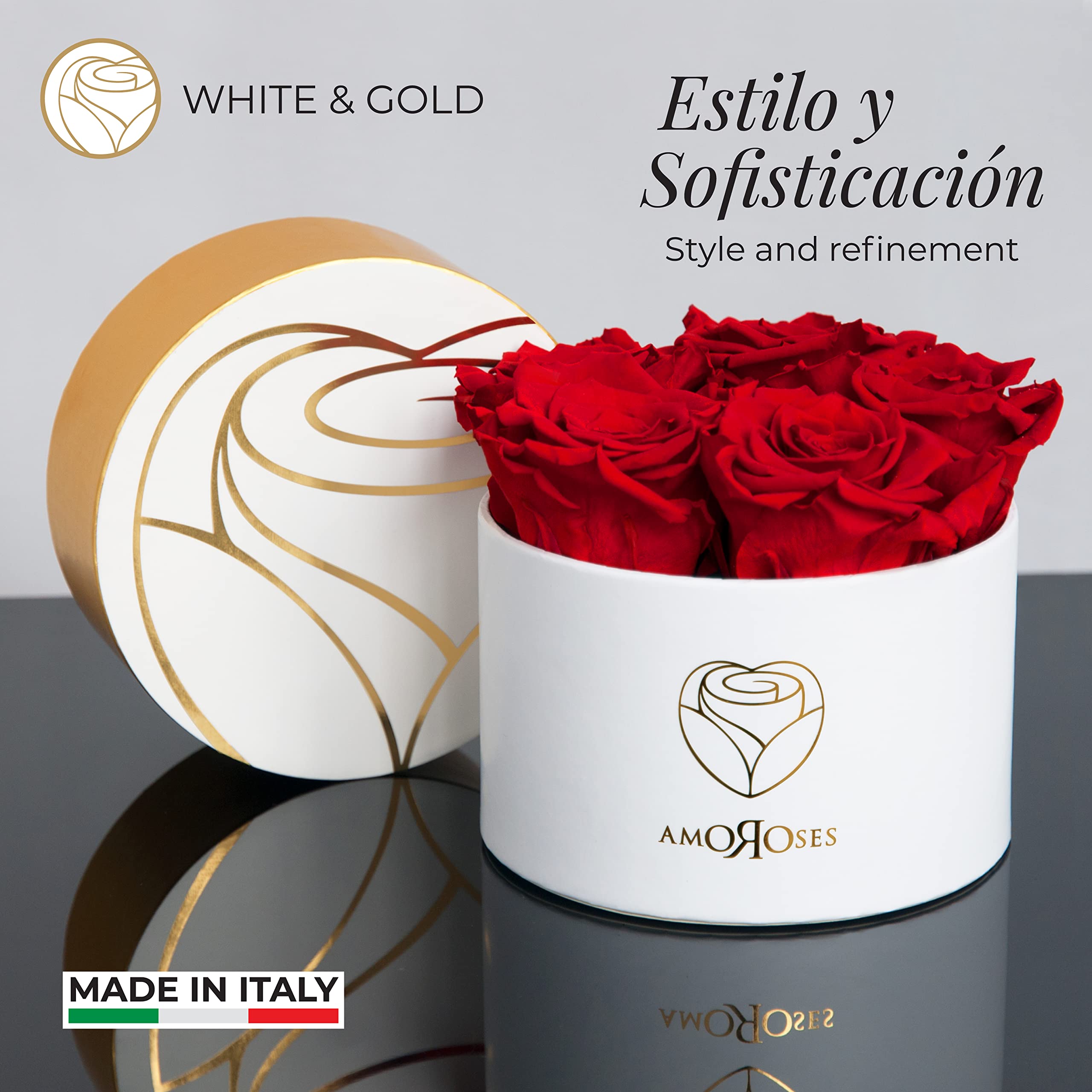 Amoroses Petite - Caja de Regalo 5 Rosas Eternas Estabilizadas - Elegante Ramo de Flores Reales | Idea de regalo (Petite Caja Blanca con Rosas Rojas)