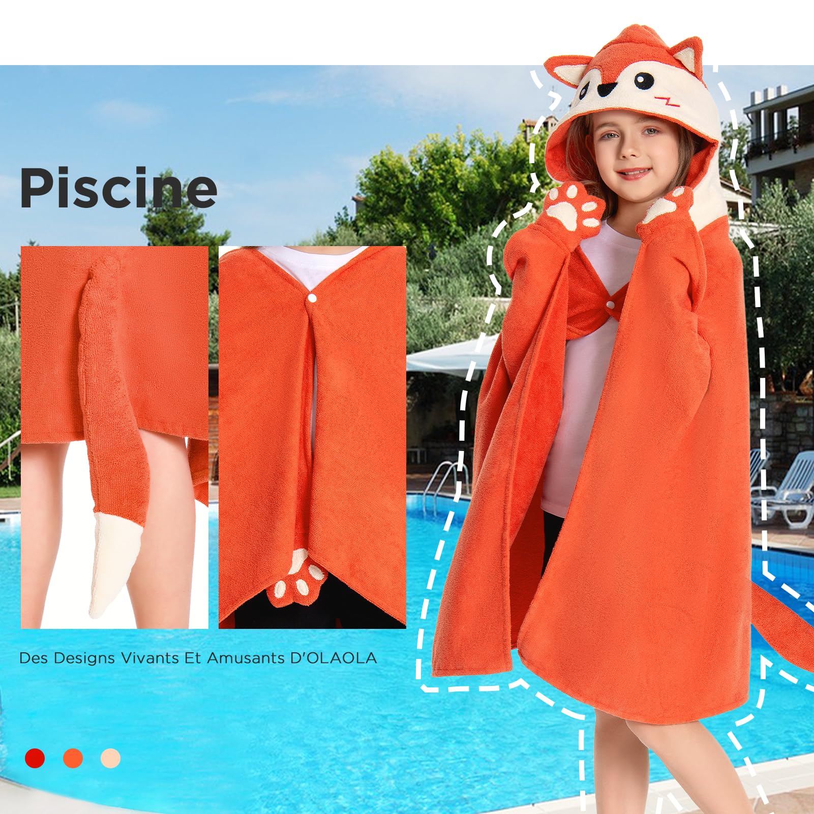 OLAOLA Serviette de Bain à Capuche pour Enfants, Serviettes de Plage en Microfibre Doux Natation Wrap, Enfant Peignoir À Langer, Poncho de Bain pour Garçons Filles de 3 à 12 Ans (Renard)