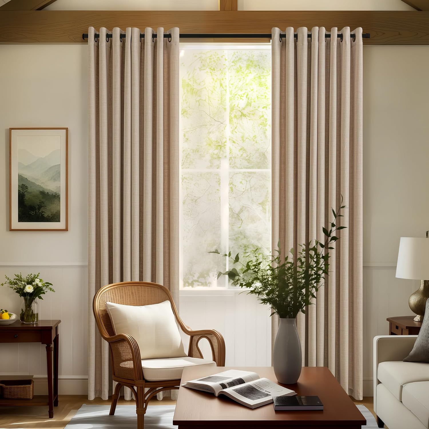 Dark Flax Linen Curtains 84 Inch Length 2 Panels Set for Living Room Grommet Semi Sheer Light Filtering Walnut Camel Drapes Farmhouse Country Burlap Curtains 84 Inches Long for Bedroom Dining Room