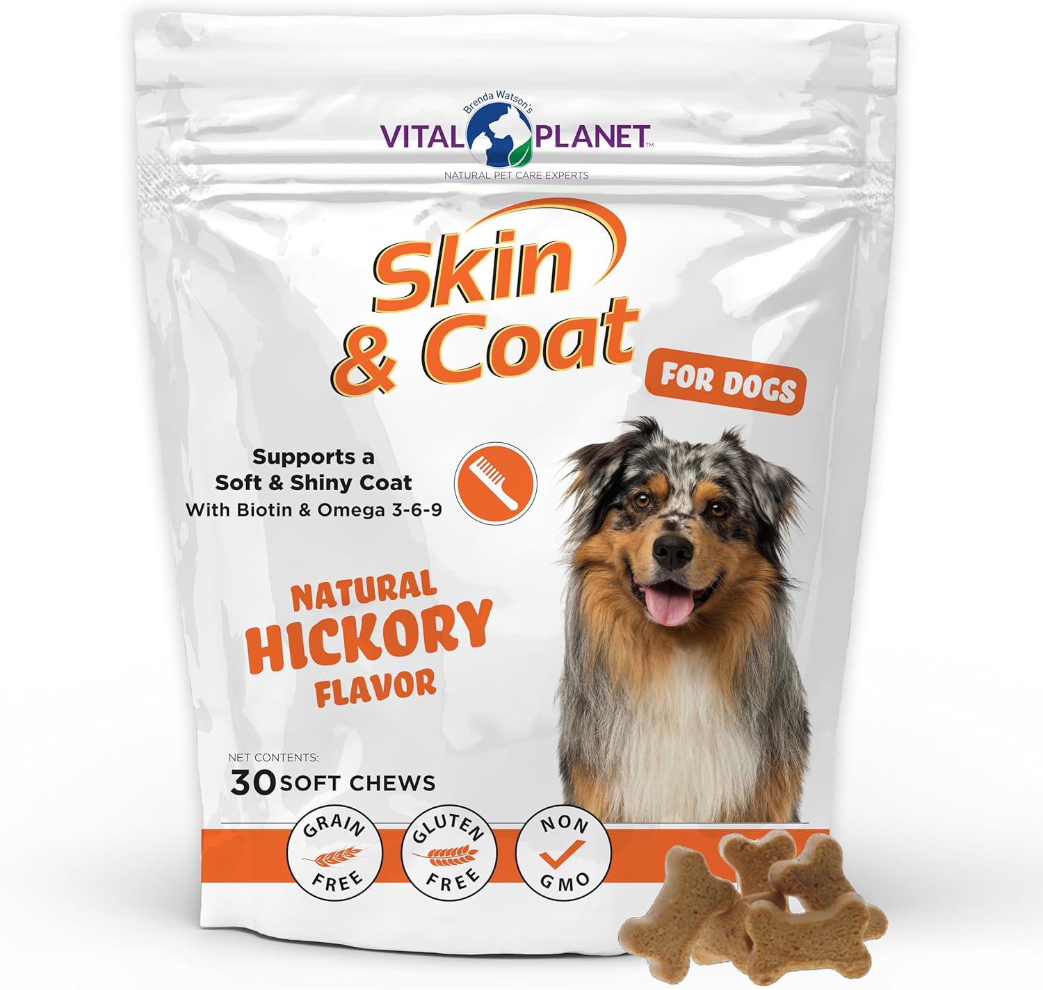 Vital Planet - Skin and Coat for Dogs with Biotin and Omega 3-6-9 to Support a Soft and Shiny Coat - 30 Hickory Flavored Soft Chews