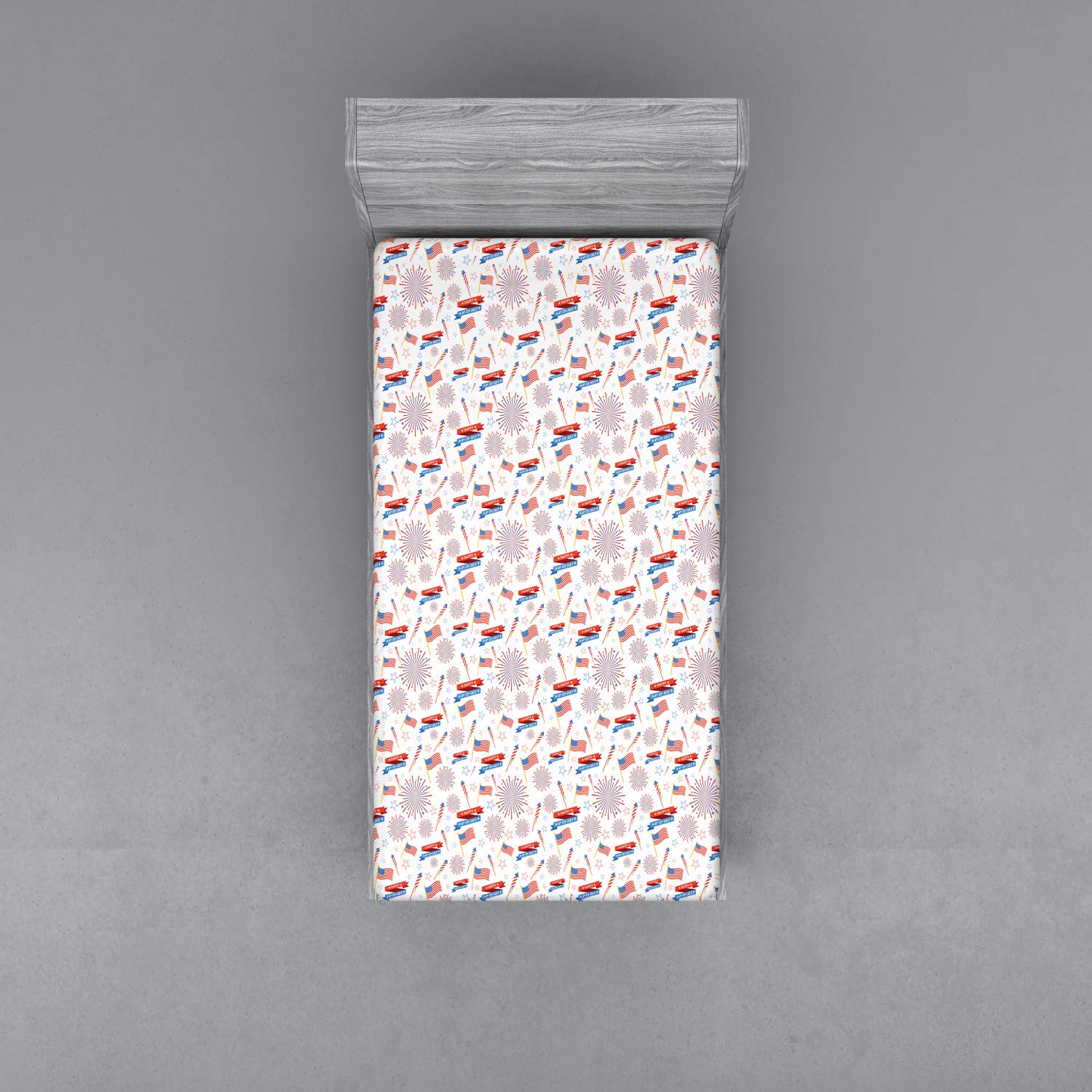 Ambesonne 4th of July Fitted Sheet, Patriotic July Holiday with American Celebration Flags and Rockets, Bed Cover with All-Round Elastic Deep Pocket for Comfort, Twin Size, Red Blue