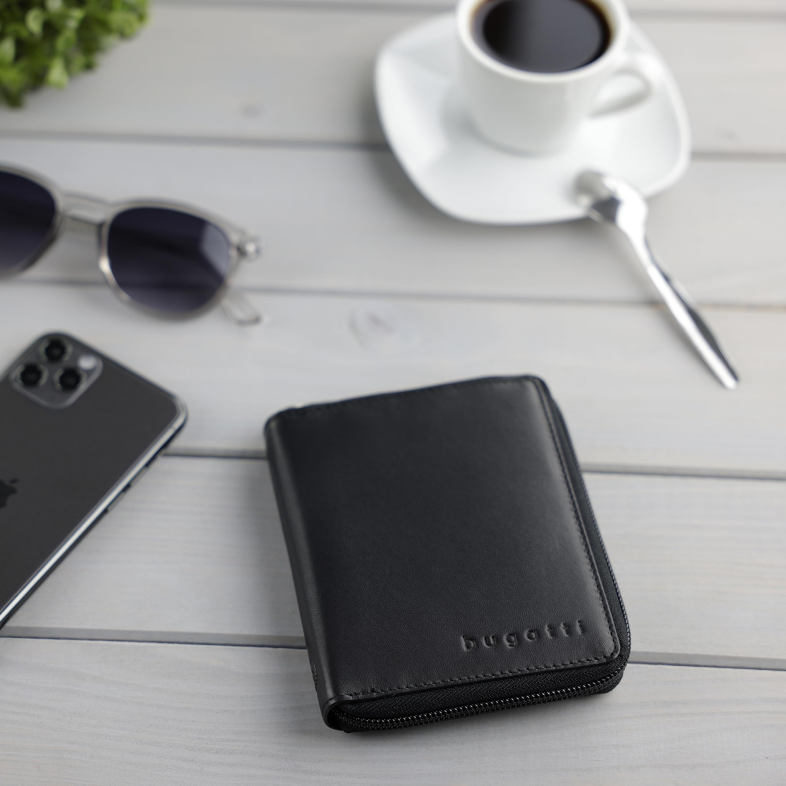 bugatti Primo Cartera para Hombre con Cremallera, 8 Tarjetas y Monedero, en Piel - Negro