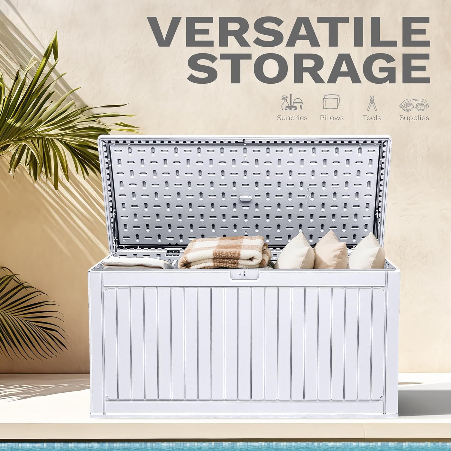 DWVO 320 Gallon Double-Wall Deck Box with Divider, XXL Extra Large Resin Outdoor Storage Box, Lockable & Waterproof, Double as Seating, 1000lbs Capacity (Grayish-White)