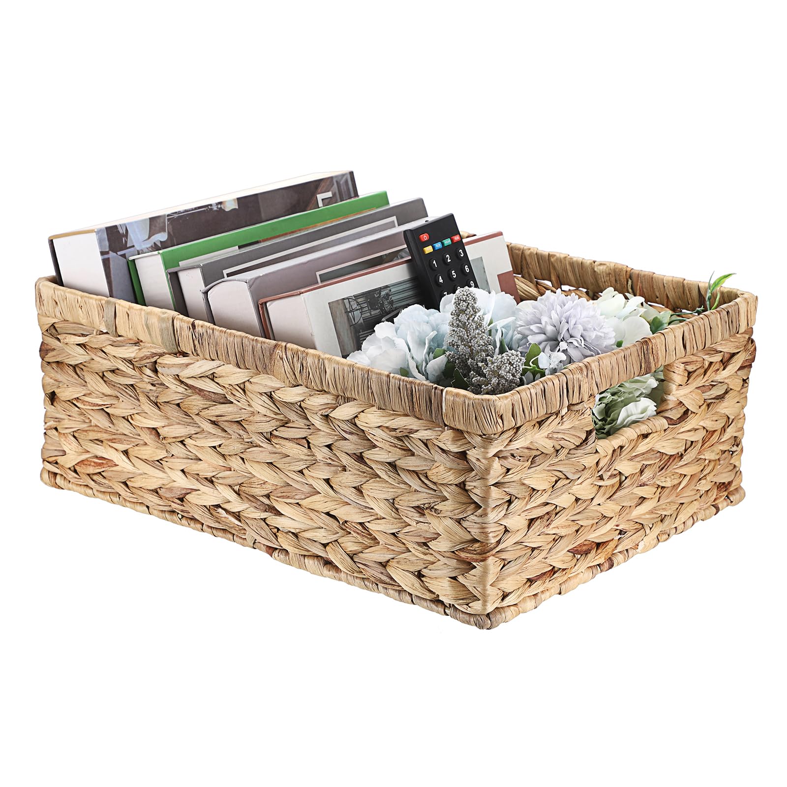OGANAZI Natural Water Hyacinth Baskets with Handles, Woven Wicker Storage Baskets for Organizing, Shelf Baskets for Bedroom Bathroom Living Room, 40.5 * 30.5 * 13cm โ image 1