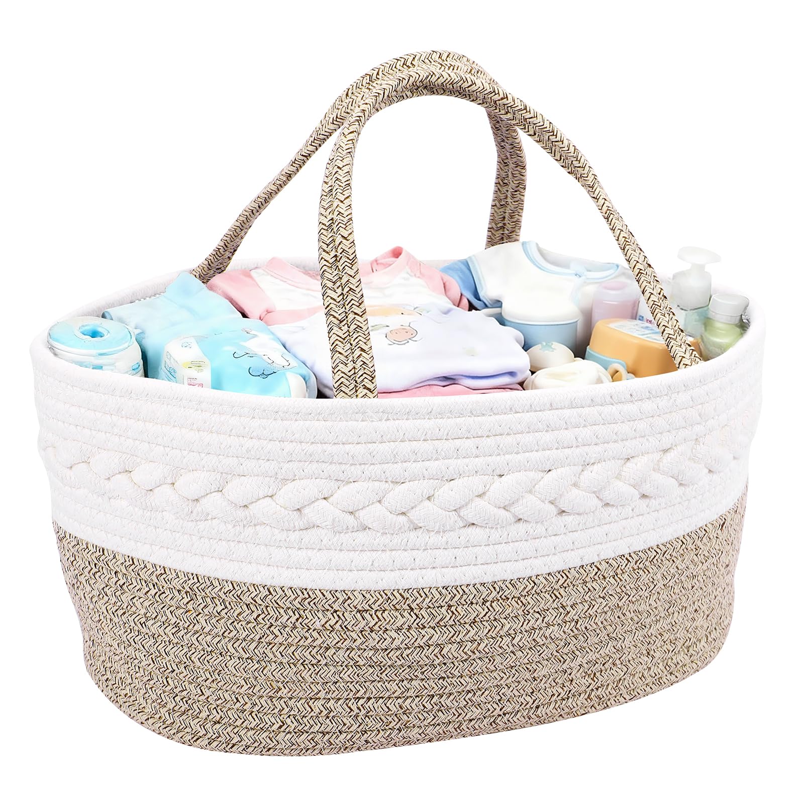 Zorplex Cesta Organizadora para Bebé, Canasta Porta Pañales de Cuerda de Algodón con Asas, Organizador Portátil para Cambiador, Accesorios de Recién Nacido y Regalo de Nacimiento