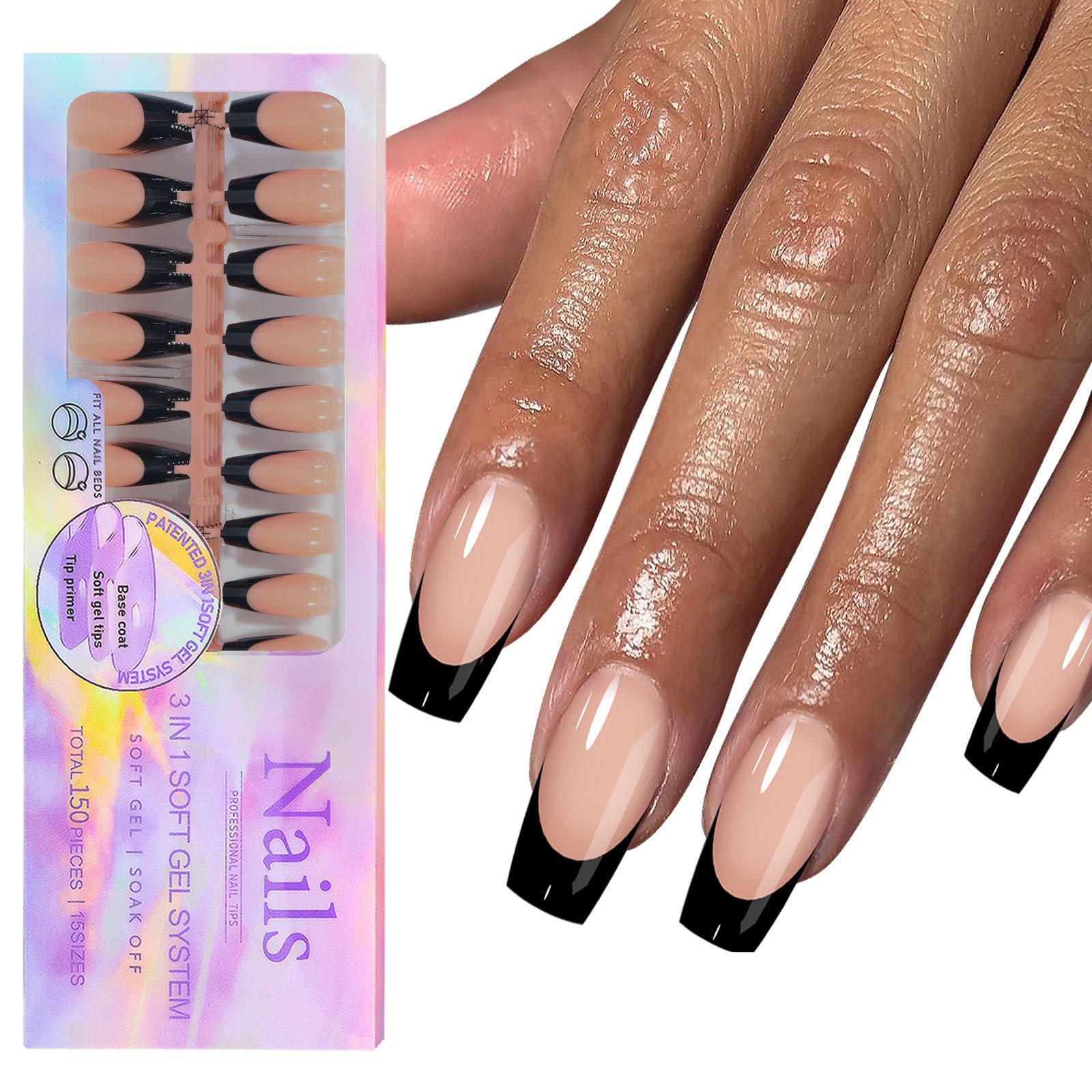 150 Pcs Black French Tip Press on Nails - Long Coffin Fake Nails with Designs - Glossy Glue on Nails 3 IN 1 Soft Gel Black Tip Acrylic Stick on Nails
