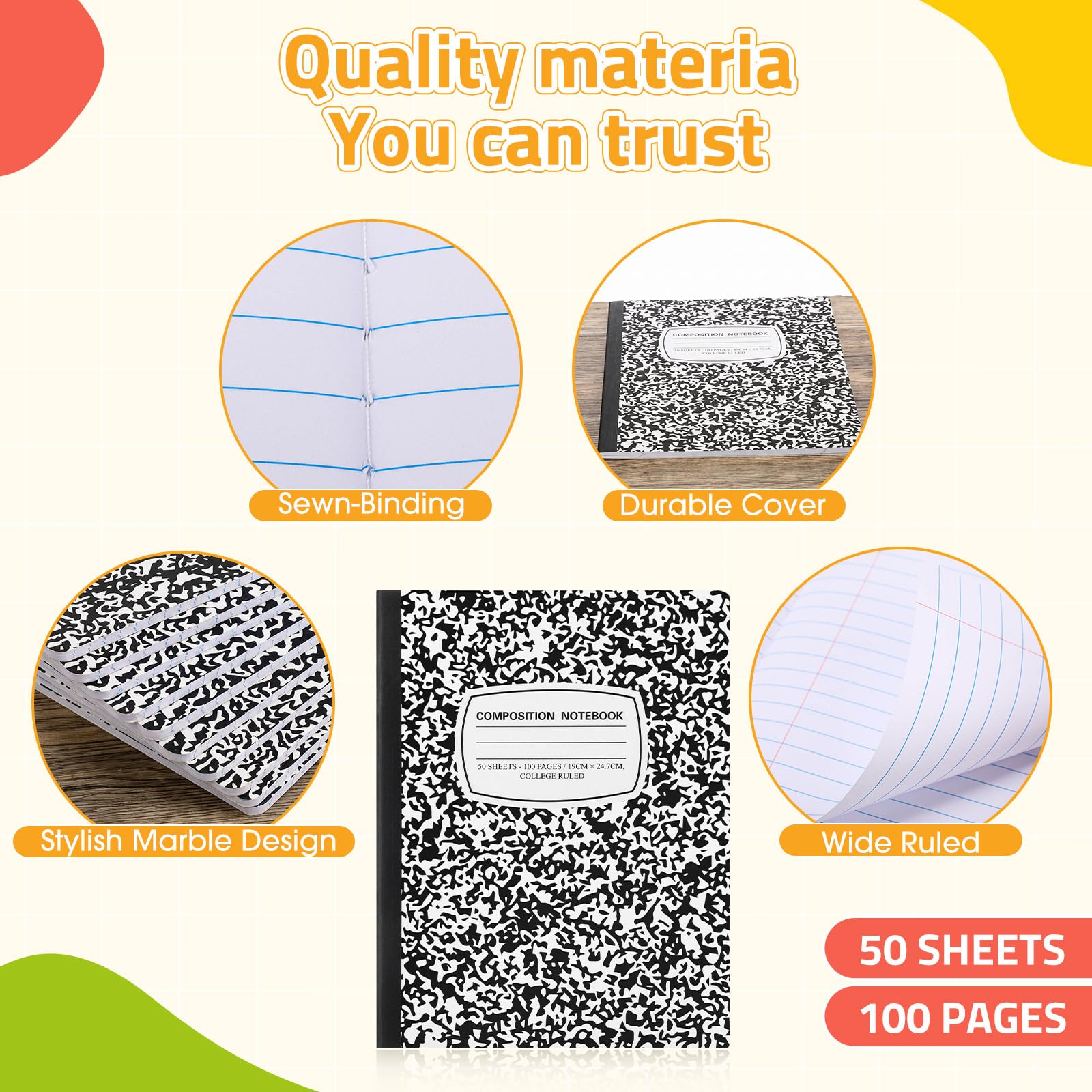 Fainne Confezione da 100 quaderni a righe per composizione universitaria, formato B5, 19,1 x 24,9 cm, 50 fogli/100 pagine, copertina marmorizzata, per università, ufficio, rientro a scuola (nero)