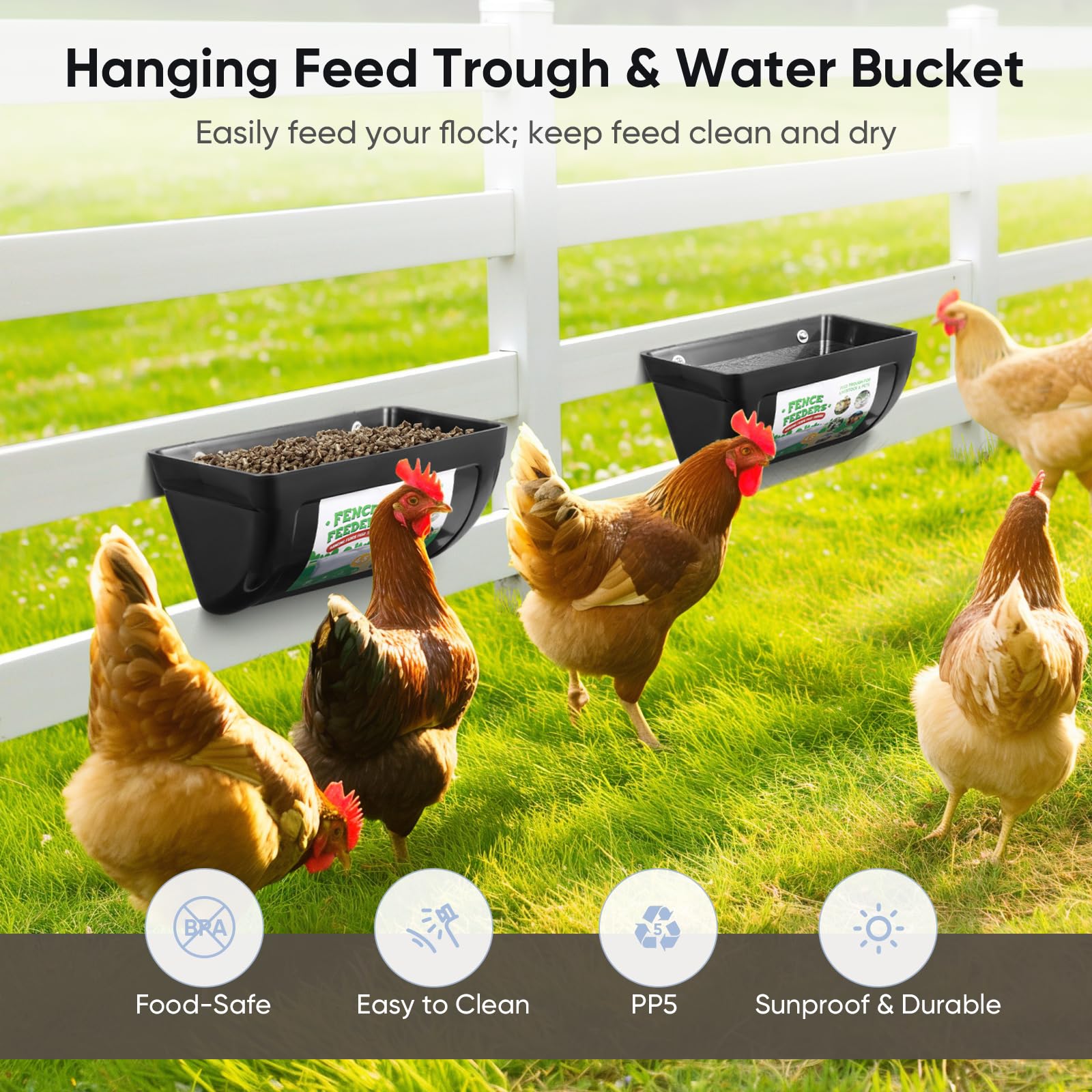 Paquete de 4 comederos colgantes para cabras, alimentador de pollo, con clips, comederos de valla colgantes, cubos de alimentación de 4.5 cuartos para caballos, comedero de patos, comedero de