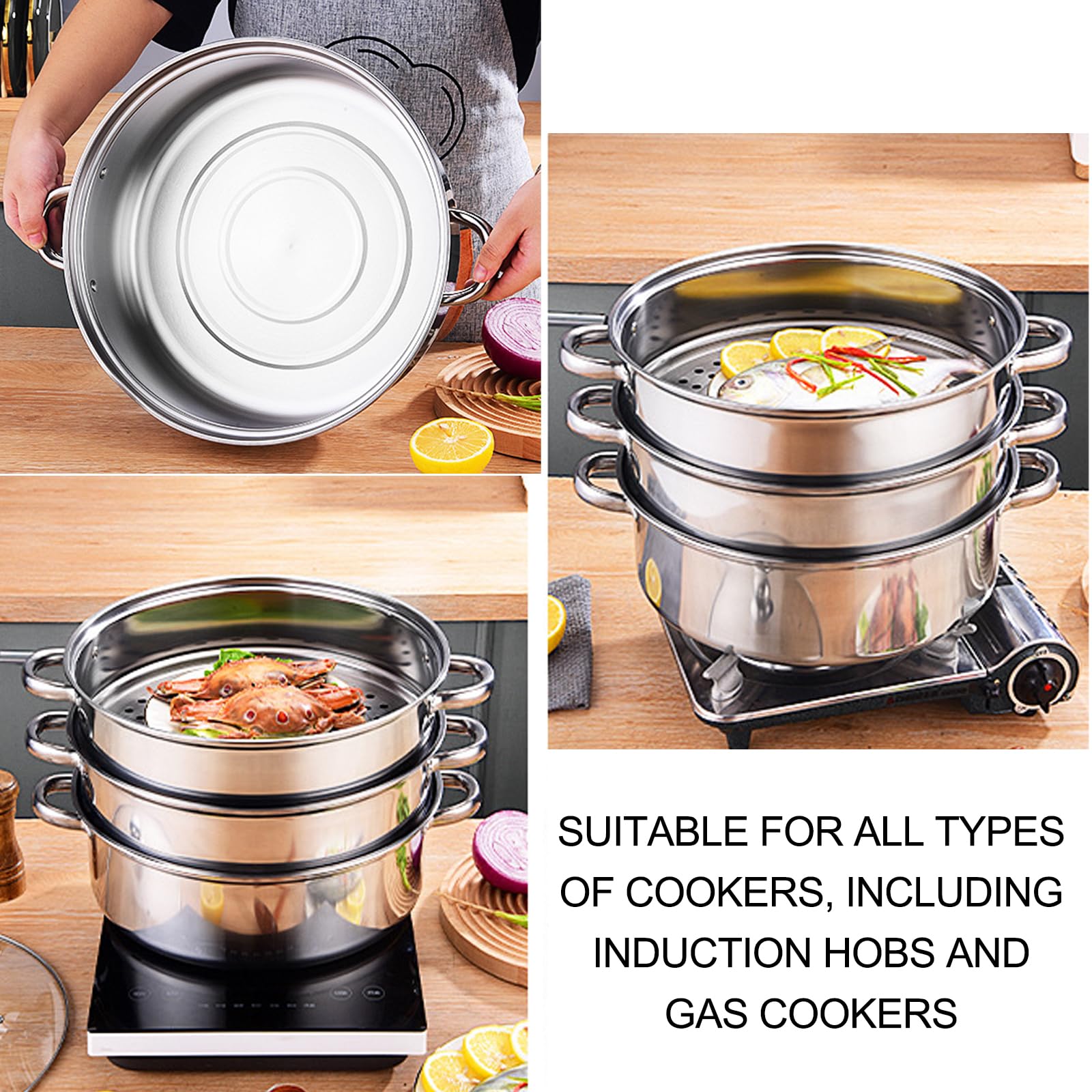 Vaporera De Acero Inoxidable 3 Niveles con Tapa De Cristal Olla Vaporera Utensilio Cocina Multiusos Ollas De Acero Vaporera Cocinar Verduras Grandes Olla para Cocinar Pasta Vapor