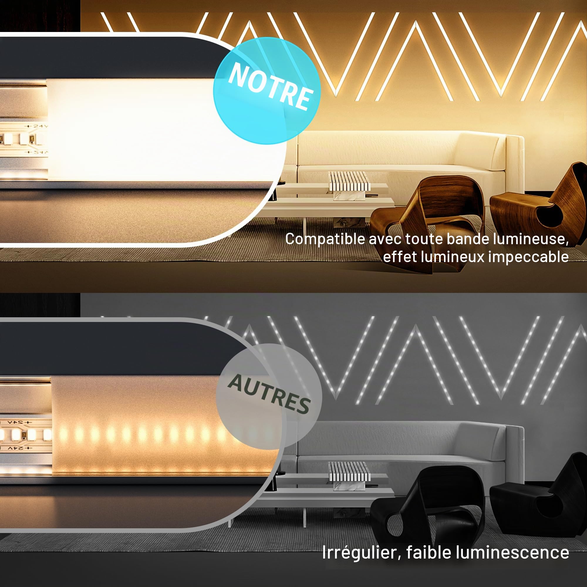 20 x Profilé LED Encastrable 2 m (40 m), Profilés en Aluminium en U pour Ruban led jusqu'à 15 mm, 26,7 x 10 mm, Rail Led avec Diffuseur LED en PC, Idéal pour Plafond et Installation Encastrée