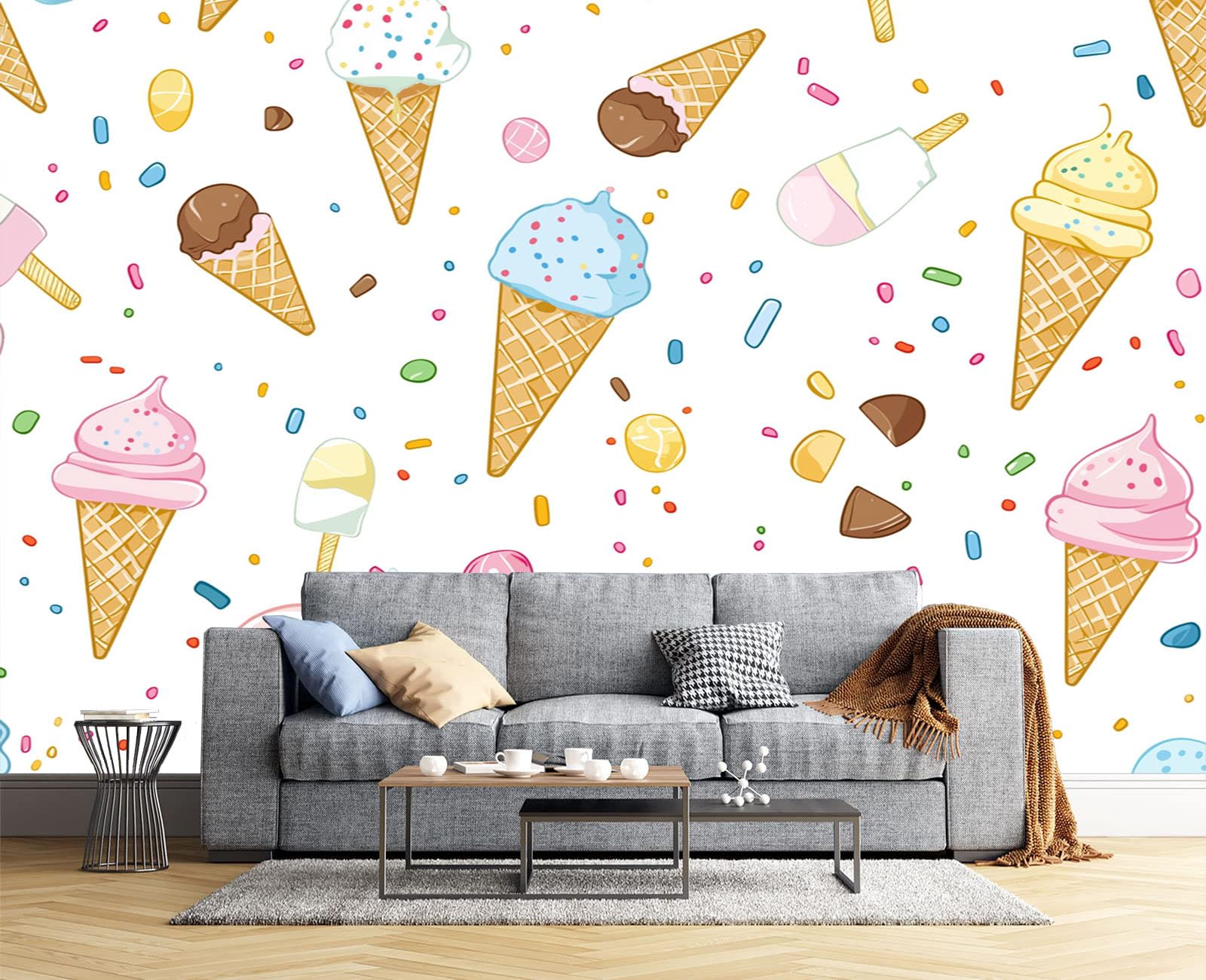 Carta Da Parati Cono Gelato, Stile Cartone Animato Carinomurale, 350×256Cm Ristorante Soggiorno Tv Parete Camera Letto Decorazione Della Parete Murali, Bianco