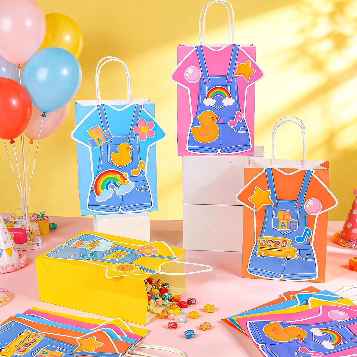 24pcs English Teacher Party Gift Bags Rainbow ABC Bus Party Decorations Supplies Cartoon Girls Fans Paper Goodie Bags Rainbow ABC Bus Cartoon Teacher Fans Supplies with Handles for Kids Birthday Decor image 4
