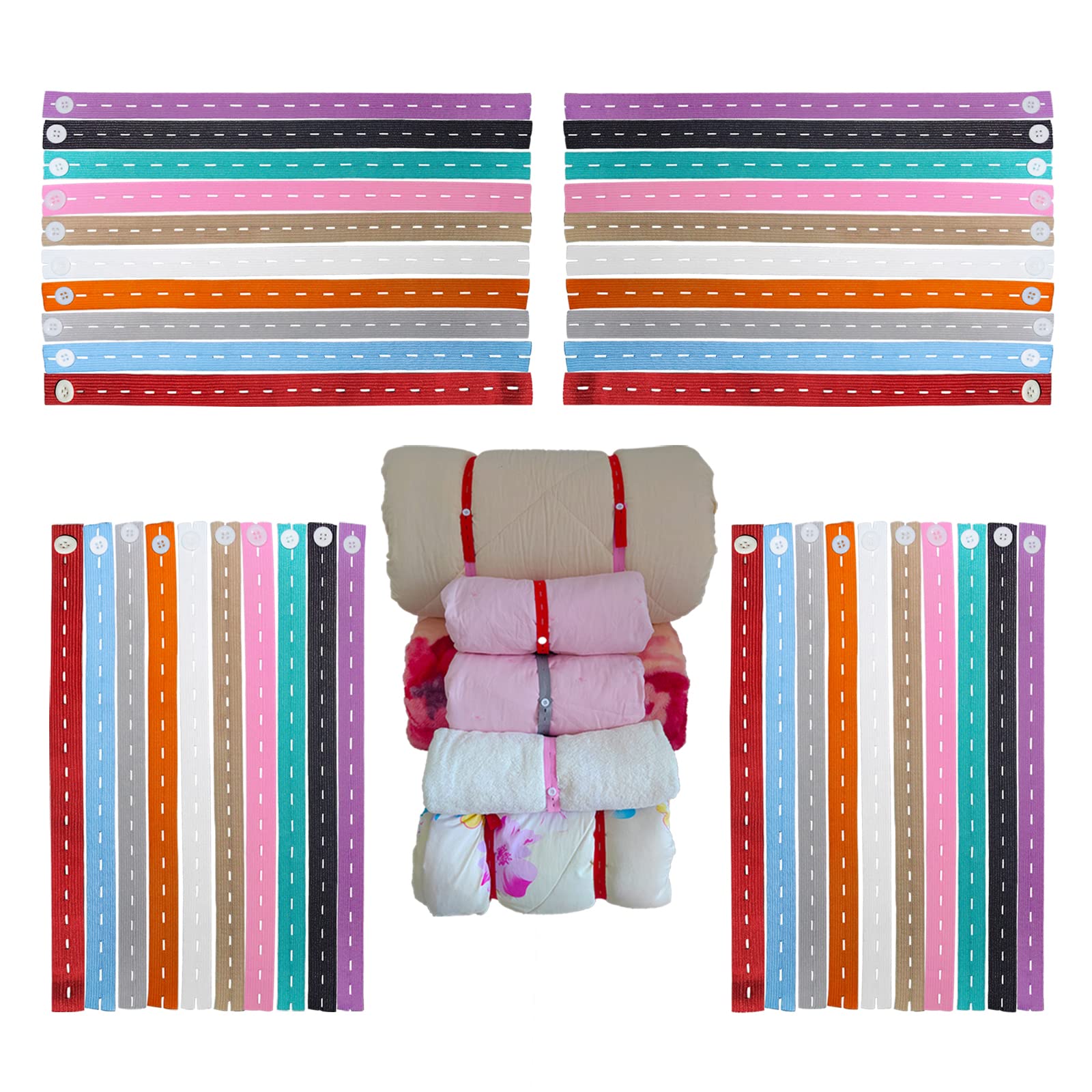 XIWUMOER,100Pcs Elastic Band with Button & Buttonholes,Heavy Duty Drawers Clothing Storage,Adjustable Roll-up Clothes Storage Band,Travel Luggage Space Saver, Drawer & Closet Organizer