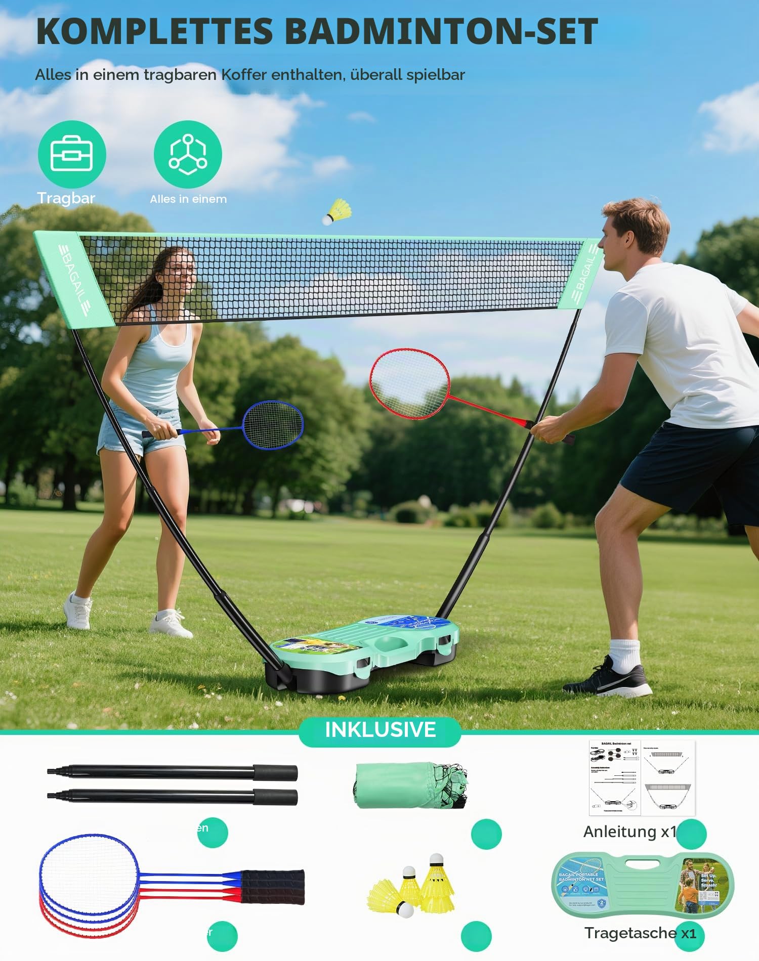BAGAIL Tragbares Badminton-Netz-Set – Aufbewahrungskoffer – freistehende Basis – schnelle Einrichtung – Pop-Up-Badmintonnetz mit 4 Schlägern, 4 Federbällen für Indoor- und Outdoor-Spiele