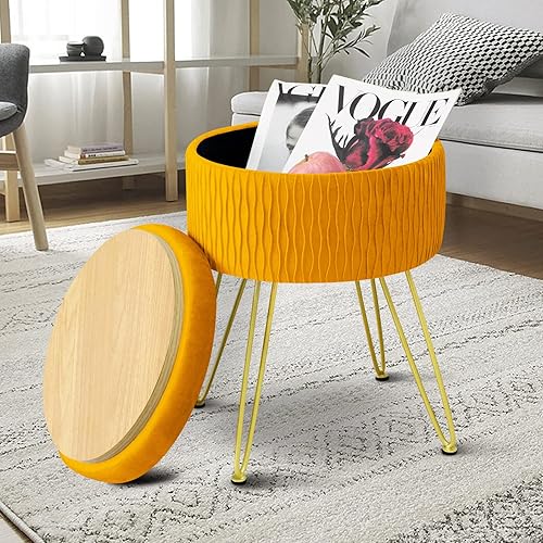 GERANT Velvet Storage Ottoman Vanity Stools - Multifunctional Wavy Upholstered Pleated Round Footrest with Golden Metal Legs,Removable Coffee Table Top Cover,Suitable for Living Room,Bedroom(Orange)