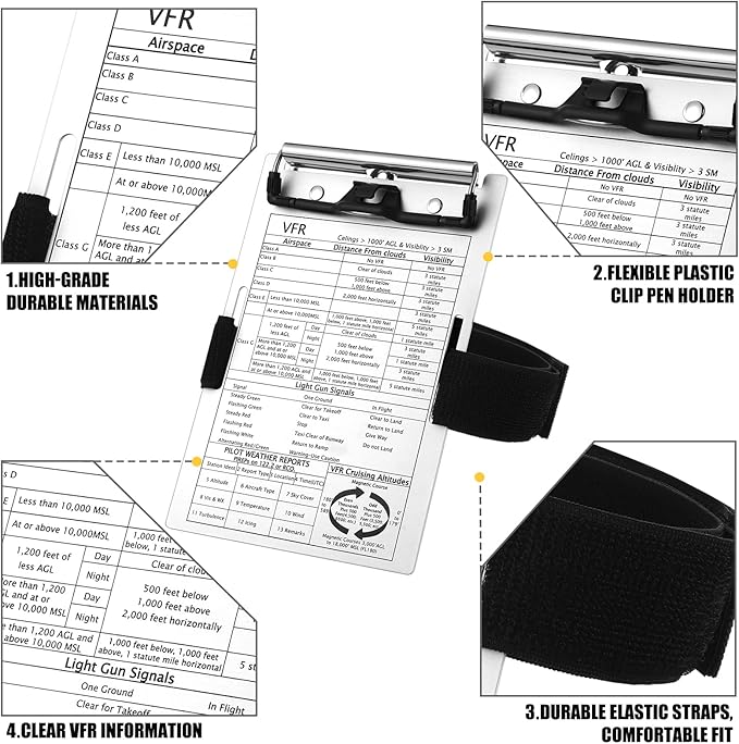 Eaasty 1 Set Pilot Kneeboard,Vfr Aviation Kneeboard,Aluminum Pilot Writing Board Notepad Clipboard with Pen Holder Knee Boards with Elastic Strap for Flying Writing Accessories Gifts