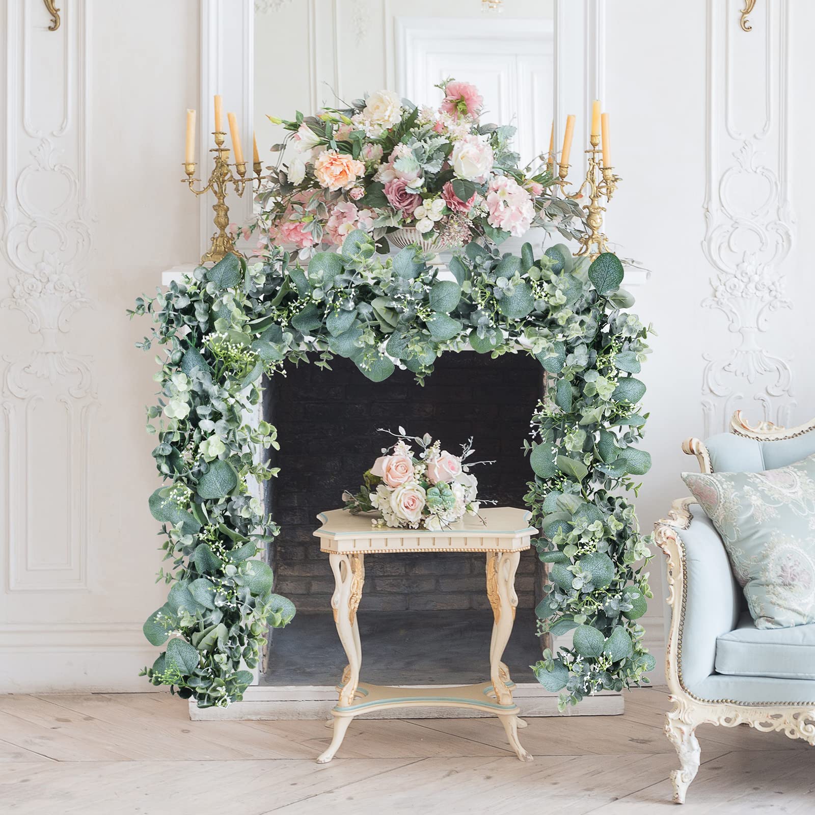 4 ghirlande di eucalipto artificiale con foglie di salice, foglie verdi, ghirlanda di fiori bianchi, pianta artificiale sospesa, per sfondo, decorazione di nozze, centrotavola