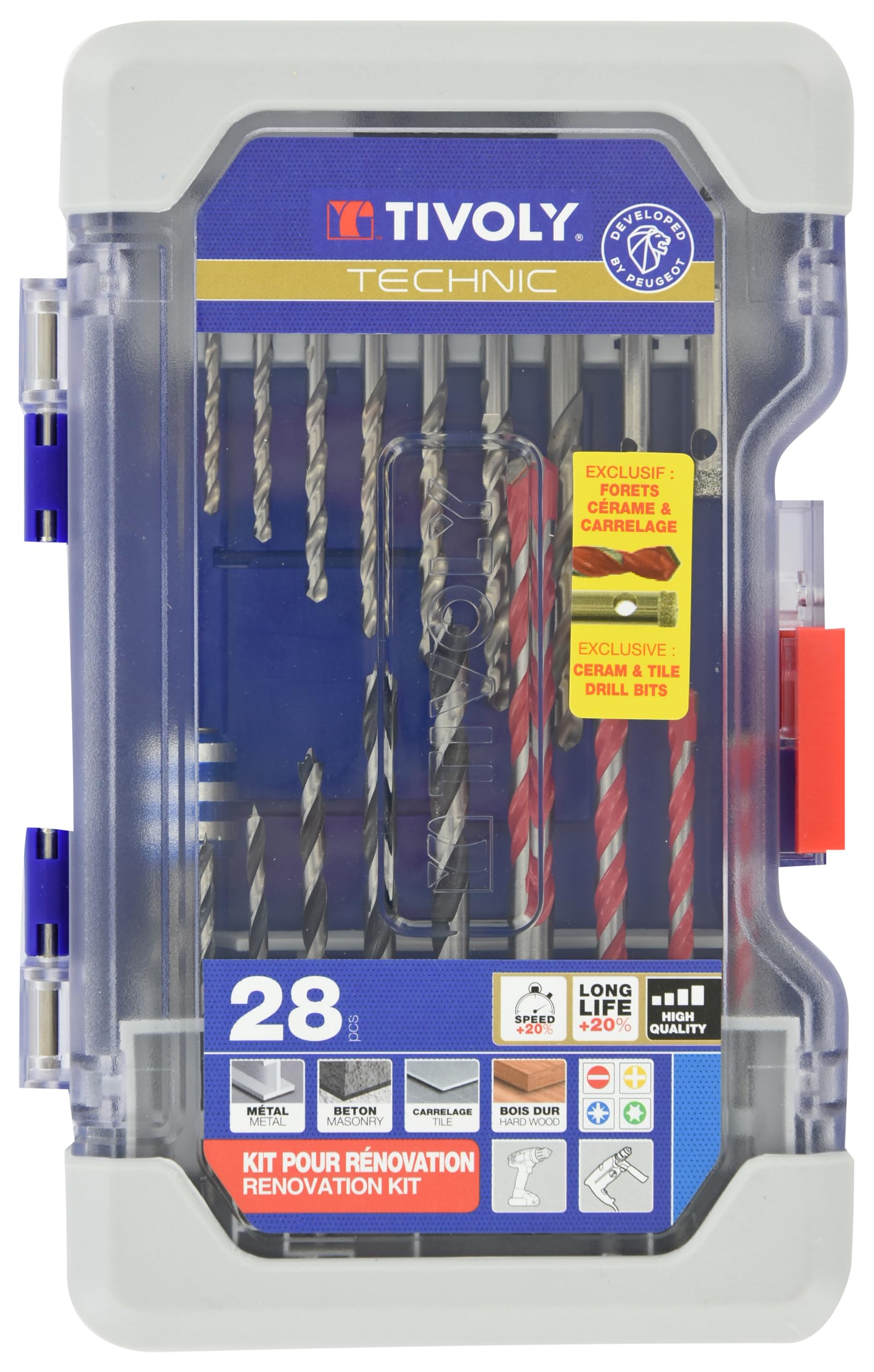 TIVOLY - Valigetta da 28 pezzi: 8 punte metalliche, 4 punte per calcestruzzo/piastrelle, 6 punte in legno, 2 punte diamantate ad acqua, 7 punte di avvitamento, 1 porta punta magnetica Quick Change