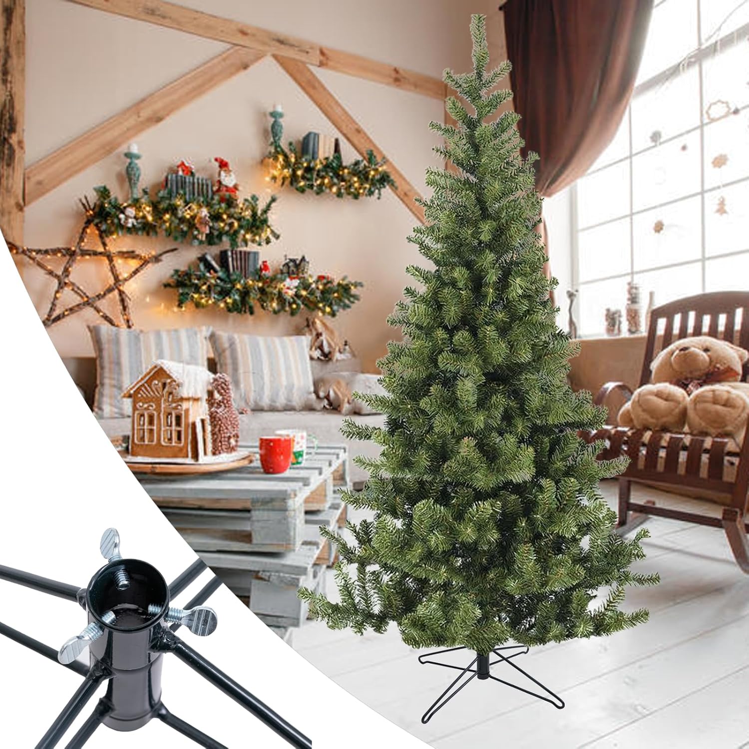 Christmas Tree Stand, 15.7inch Folding Xmas Tree Stand Metal Replacement Xmas Tree Stand Base for 3ft to 6ft Artificial Christmas Tree, Green