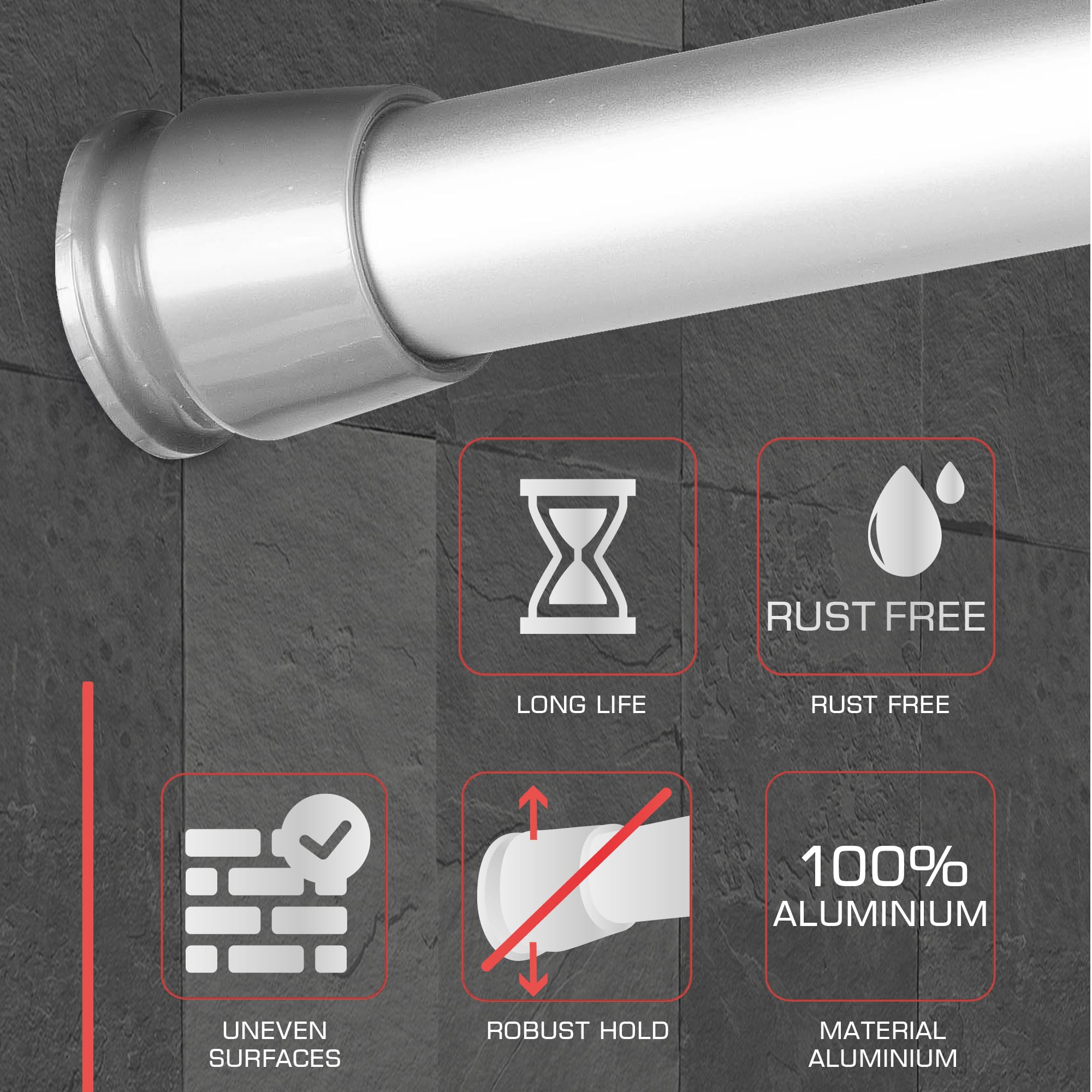bomoe Tringle Rideau De Douche Extensible Sans Perçage 140-260 cm - Barre de Douche Télescopique Aluminium Antidérapante pour Rideau Douche, Salle de Bain, Baignoire - Vêtements Aluminium Neptun