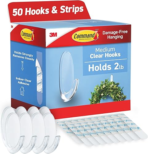 3M Command - Ganchos y tiras transparentes, de plástico, mediano, 50 ganchos con tiras adhesivas por caja (MMM17091CLRCABP)