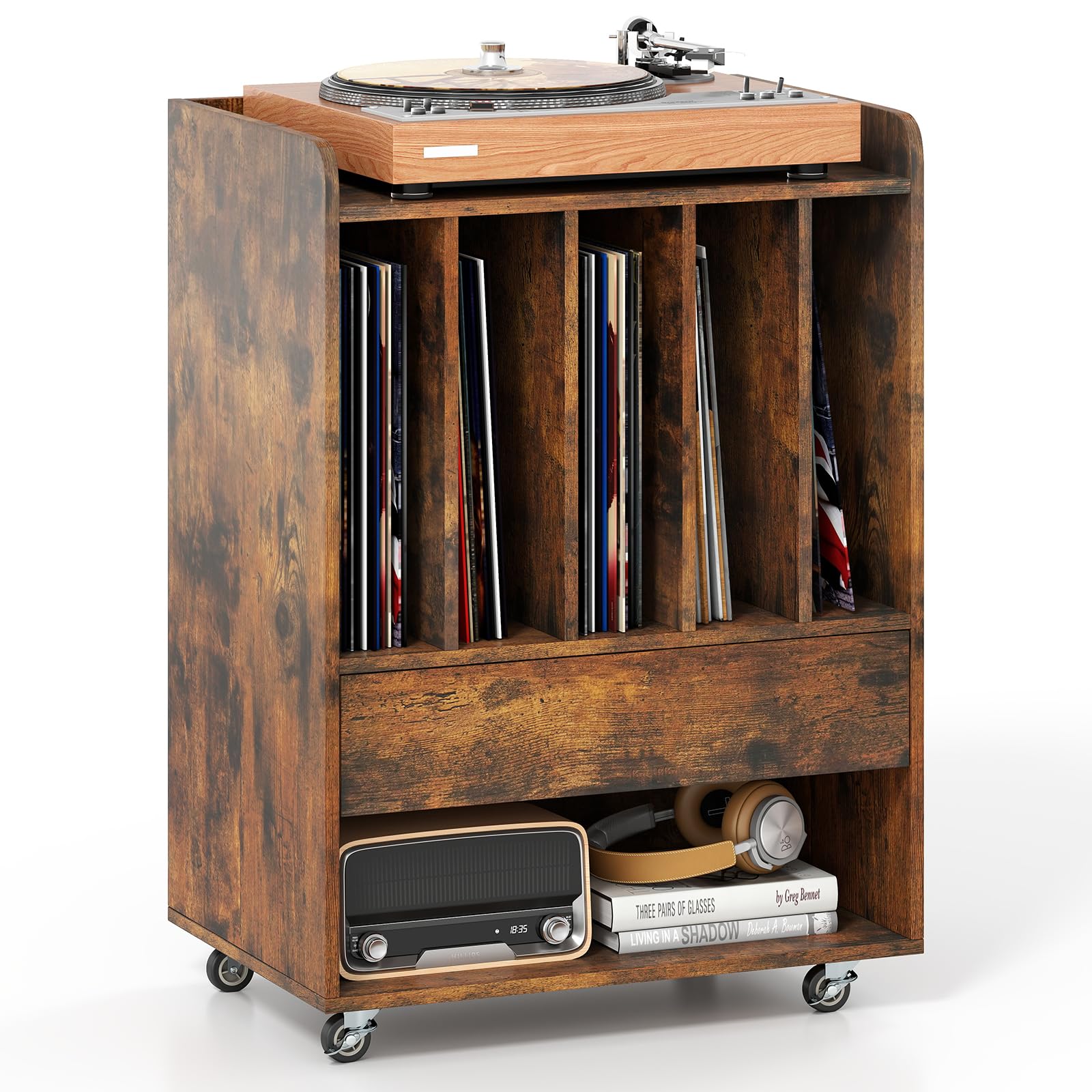 COSTWAY Soporte para Tocadiscos con Ruedas, Mueble para Discos de Vinilo con 5 Compartimentos, Cajón y Estante Abierto, Mesa Auxiliar para Tocadiscos para Salón, Oficina, 52 x 35,5 x 73 cm (Marrón)