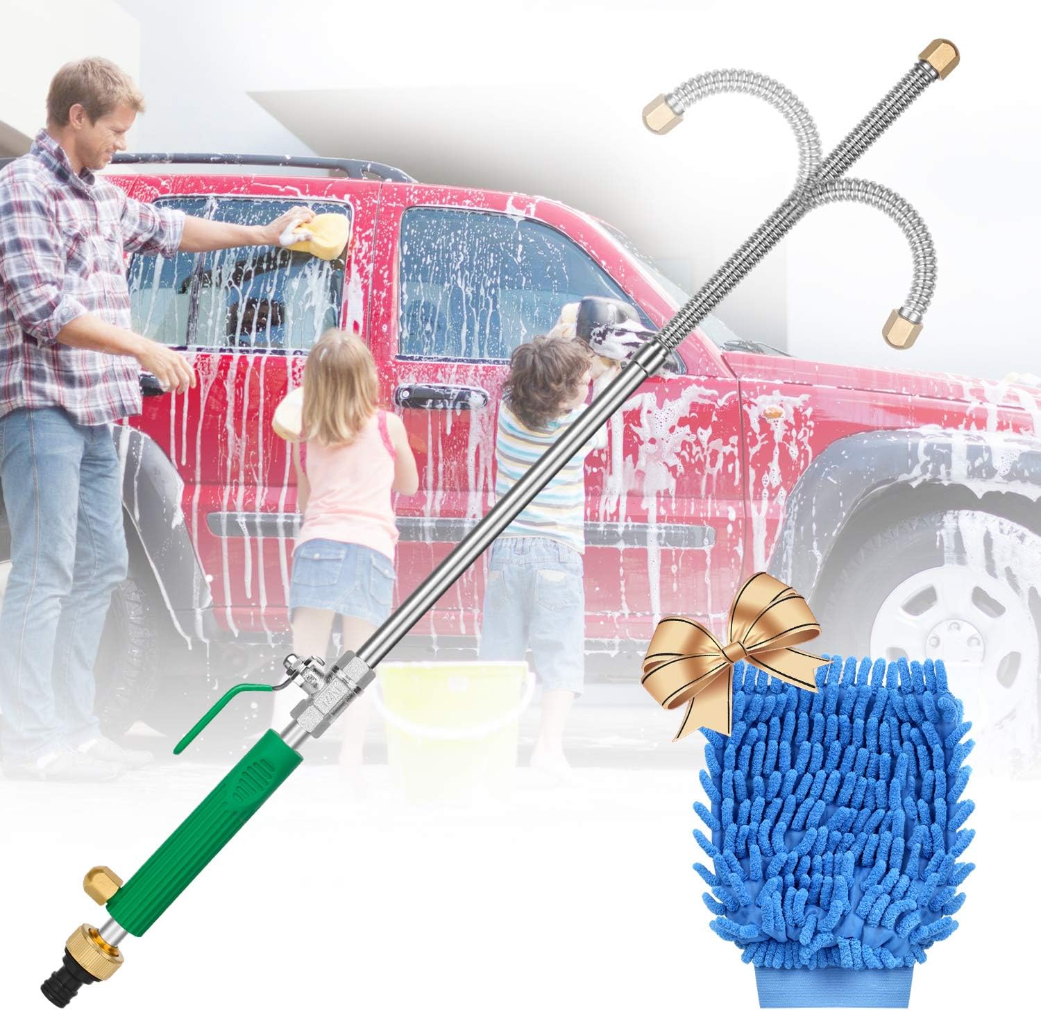 Hydro Jet High Pressure Power Washer, Extension Power Water Hose Nozzle Wand, Flexible Hose Attachment Sprayer Gun for Car Washing Gutter & Window Cleaning with Free Scrubbing Mitt