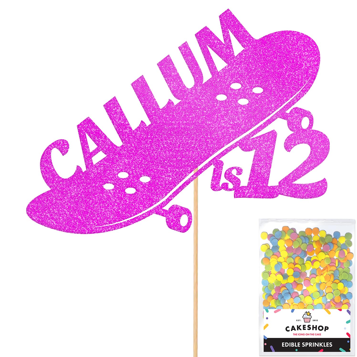 Personalised Skateboard Skater Glitter Cake Topper- Pink Any Custom Age & Name Glitter Cake Decoration and Sprinkles - Happy Birthday Decorations - Personalised Toppers for Cakes by Cakeshop