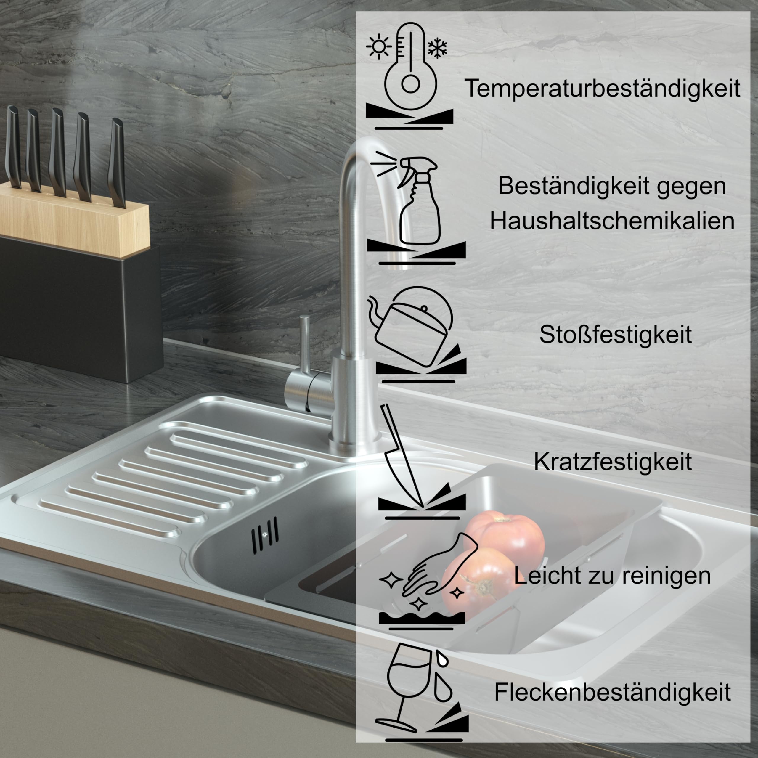 QUADRON Moderne Spüle Einbeckenspüle Edelstahl | Größe 50 cm Farbe: Flachs | EDDIE Einzelbecken | Küchenspüle | Abfluss inklusive | Edelstahlspüle passt in einen Schrank von mindestens 50 cm