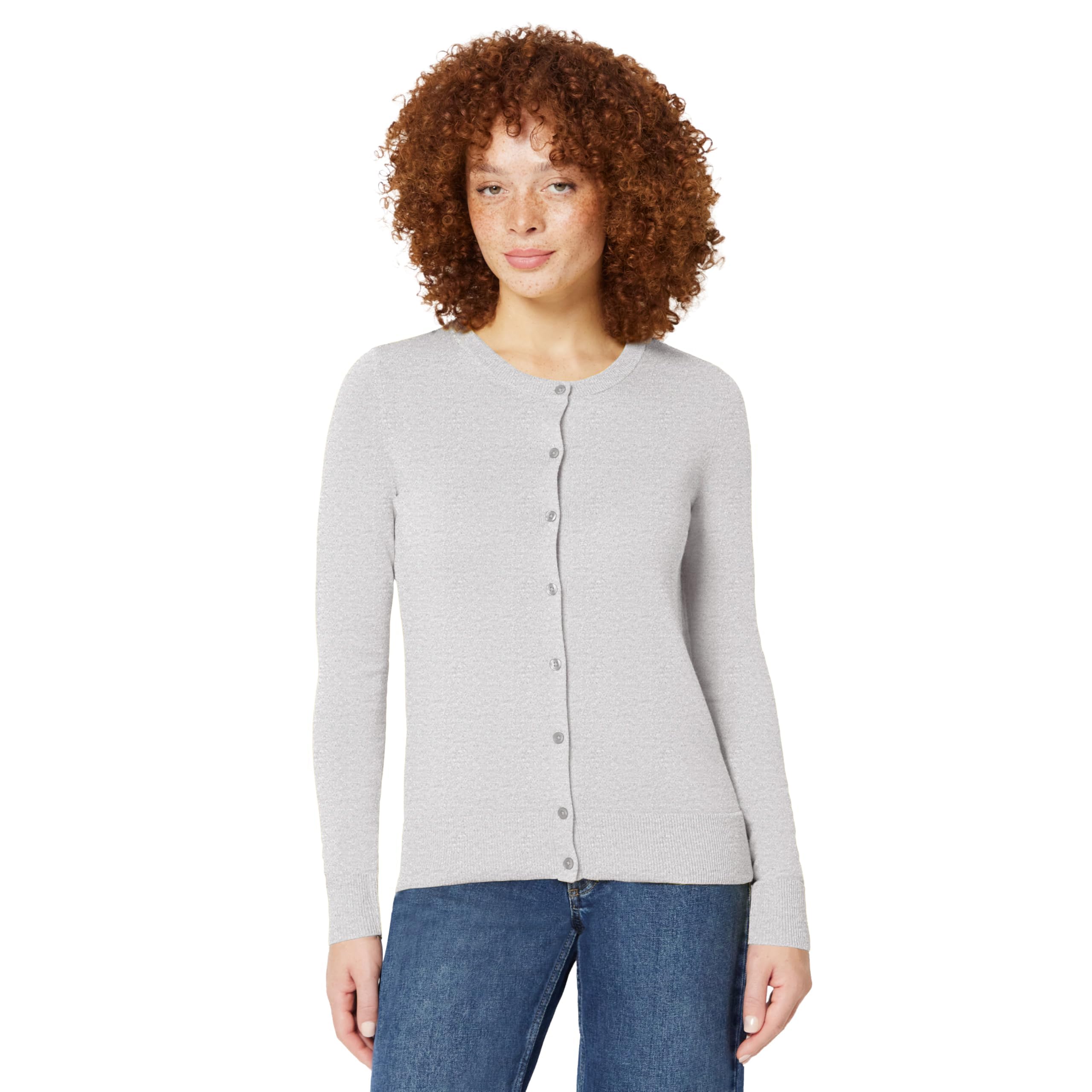 Amazon Essentials Women's Lightweight Crewneck Cardigan Jumper (Available in Plus Size), Light Grey Heather, M