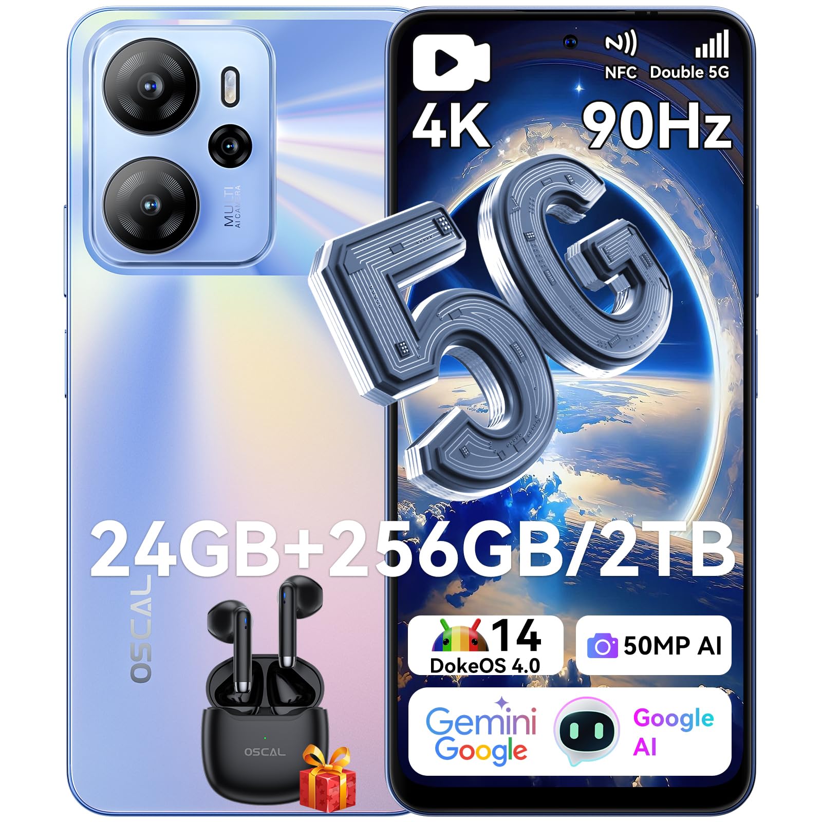 OSCAL Tiger 13 Smartphone 5G, 24GB+256GB/2TB-TF Smartphone Android 14 Gemini AI, Octa-Core, 6.67" HD+ 90Hz, AI 50MP+8MP, 18W Ricarica Rapida, 5G Dual SIM Telefono Cellulare NFC/OTG/GPS Blu
